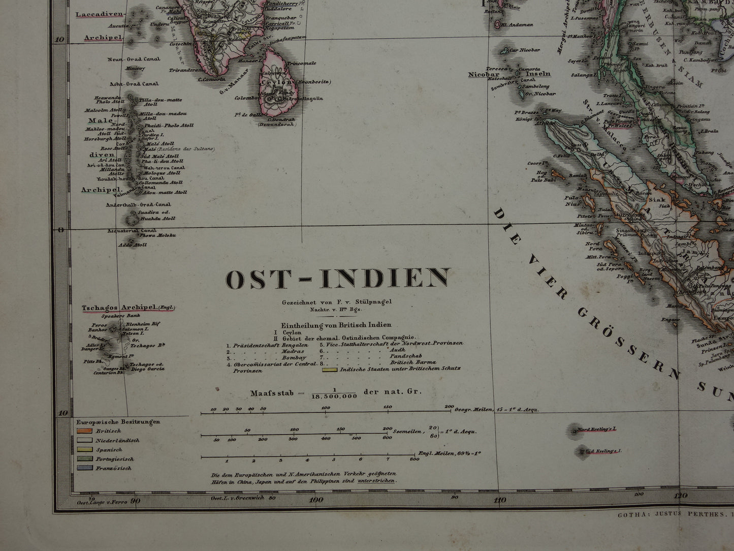 INDONESIË oude kaart van zuidoost Azië in 1867 originele antieke landkaart India Filipijnen Thailand Vietnam vintage poster