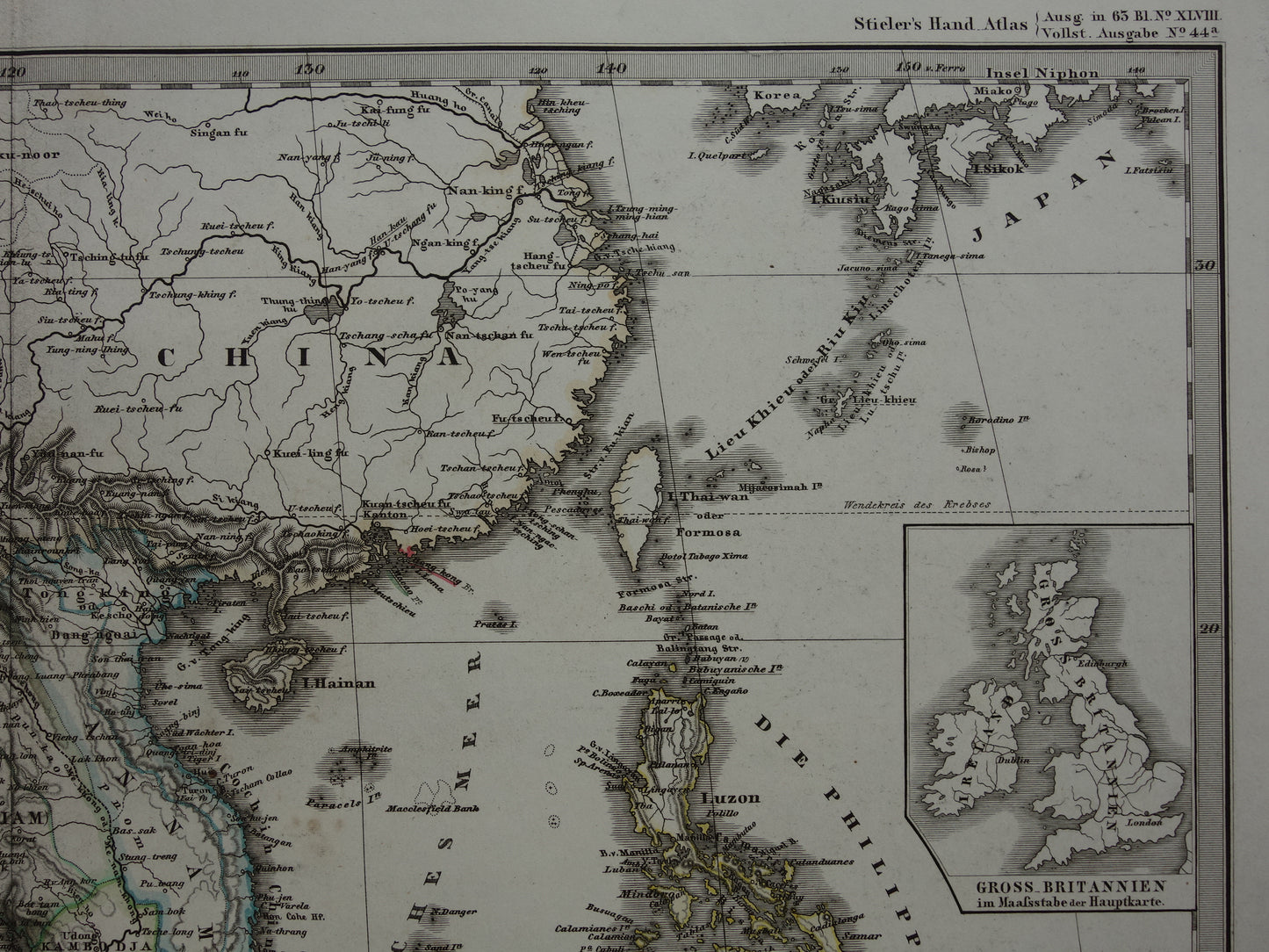 INDONESIË oude kaart van zuidoost Azië in 1867 originele antieke landkaart India Filipijnen Thailand Vietnam vintage poster