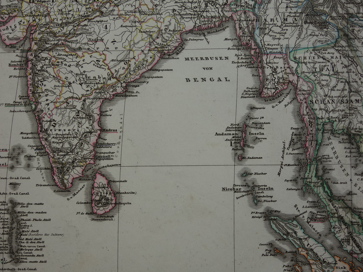 INDONESIË oude kaart van zuidoost Azië in 1867 originele antieke landkaart India Filipijnen Thailand Vietnam vintage poster