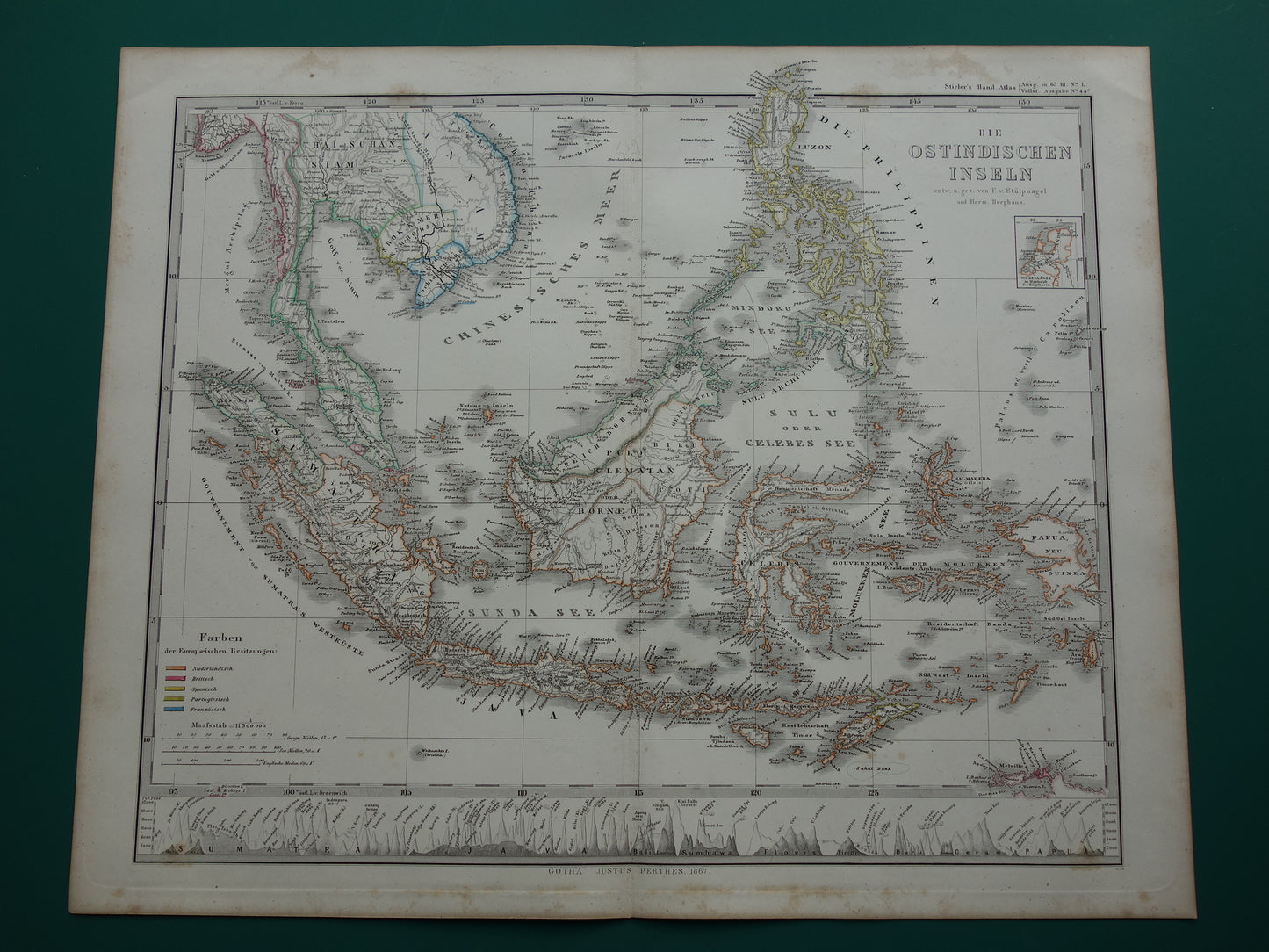 INDONESIË oude kaart Filipijnen Zuidoost-Azië 1867 Mooie originele oude landkaart van Batavia Atjeh Java