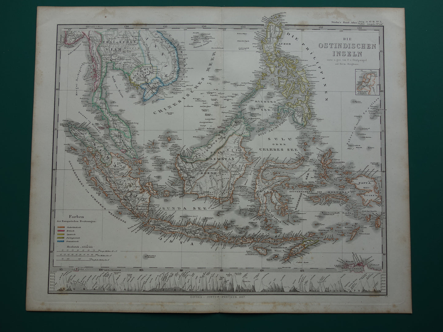 INDONESIË oude kaart Filipijnen Zuidoost-Azië 1867 Mooie originele oude landkaart van Batavia Atjeh Java