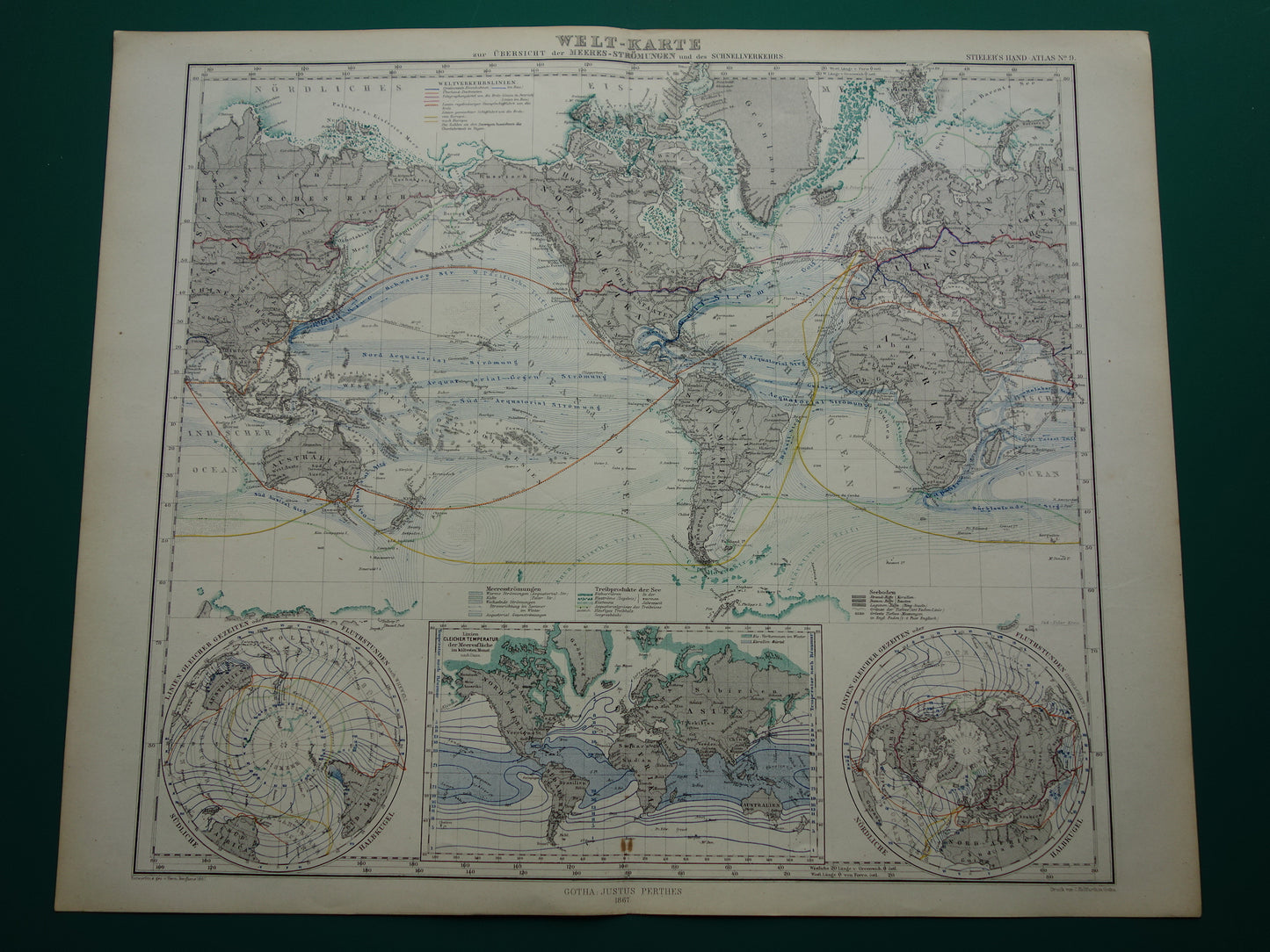 WERELDKAART oude kaart van de Wereld Zeestromingen en Transport 1867 originele antieke landkaart Zeestroom Oceaanstromingen Scheepvaartlijnen met datum