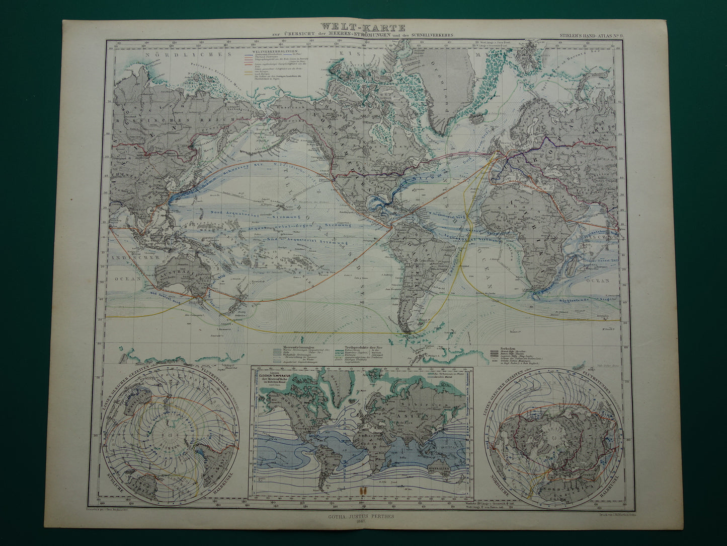 WERELDKAART oude kaart van de Wereld Zeestromingen en Transport 1867 originele antieke landkaart Zeestroom Oceaanstromingen Scheepvaartlijnen met datum