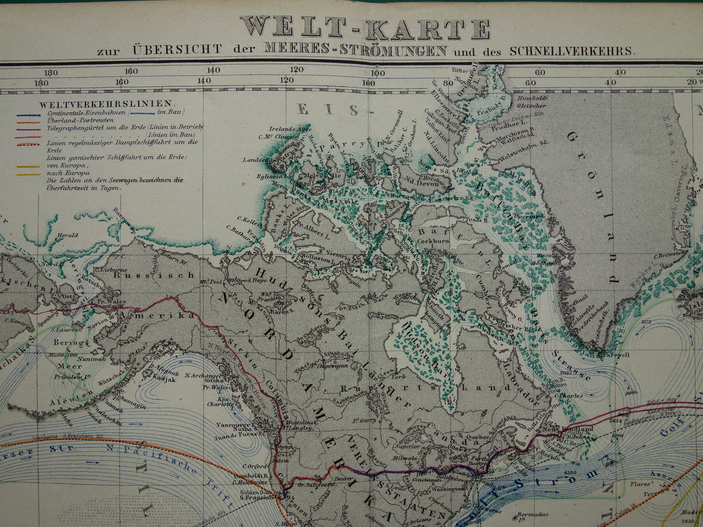 WERELDKAART oude kaart van de Wereld Zeestromingen en Transport 1867 originele antieke landkaart Zeestroom Oceaanstromingen Scheepvaartlijnen met datum