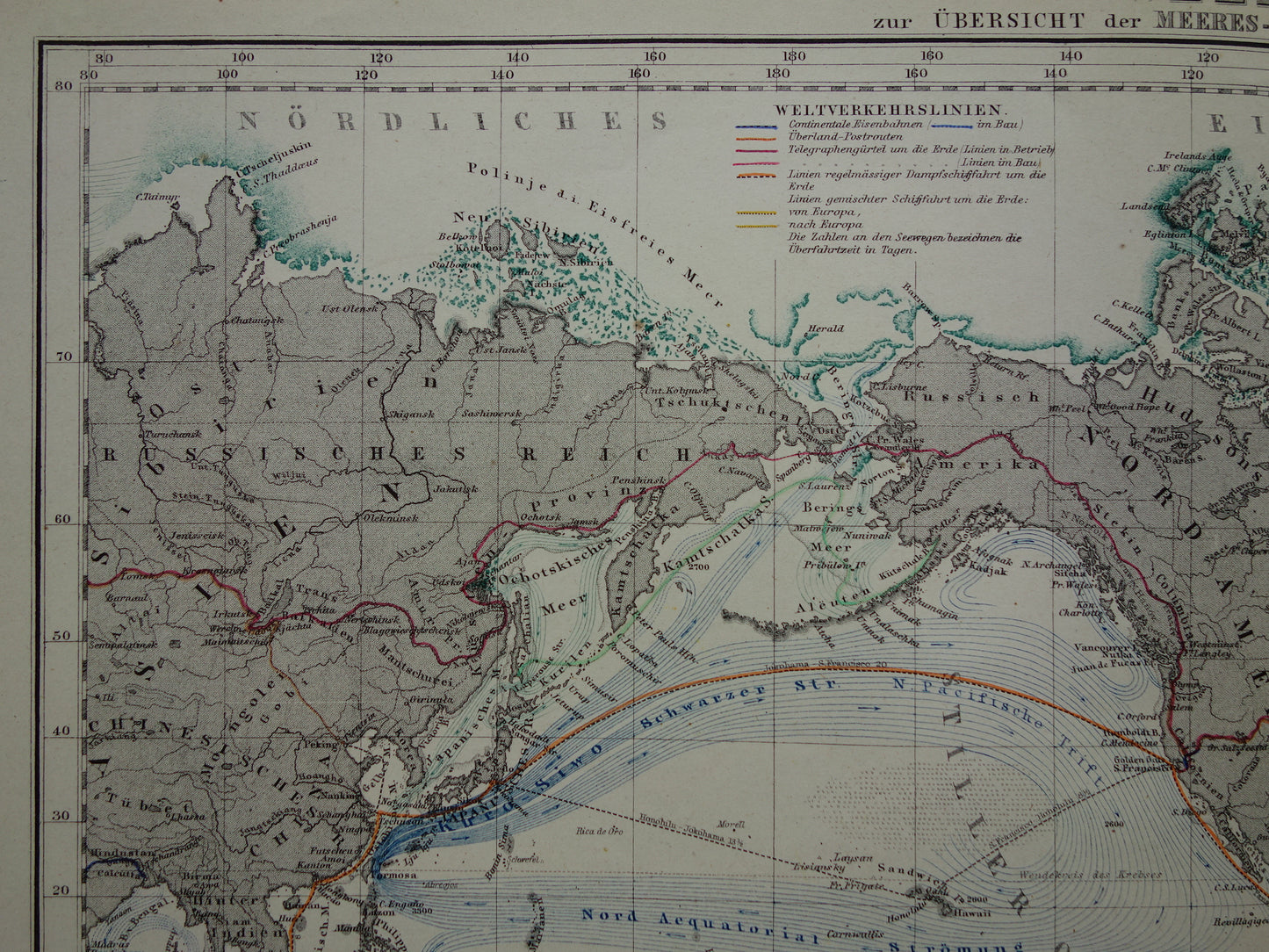 WERELDKAART oude kaart van de Wereld Zeestromingen en Transport 1867 originele antieke landkaart Zeestroom Oceaanstromingen Scheepvaartlijnen met datum