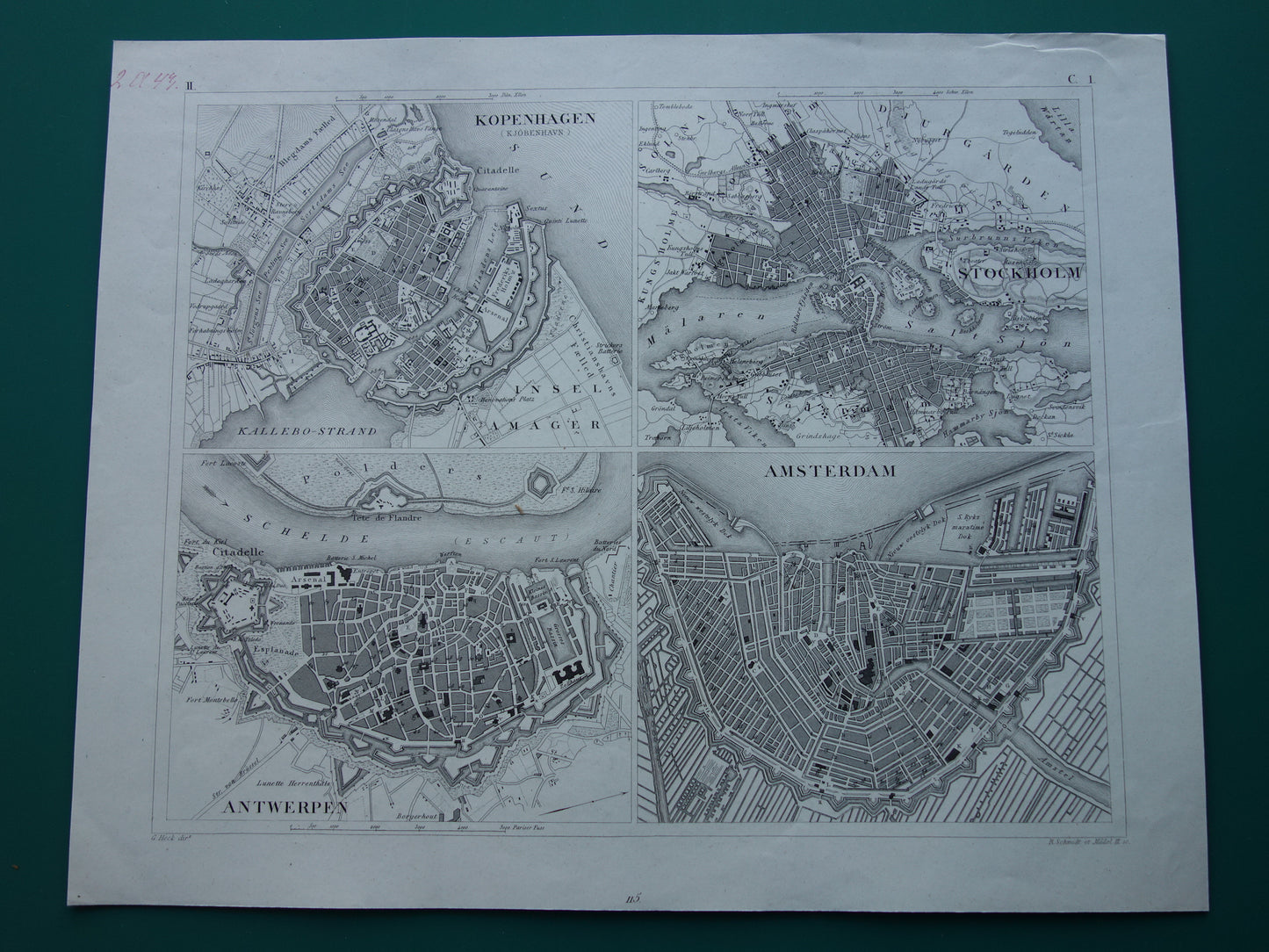 Amsterdam Antwerpen Stockholm Kopenhagen antieke plattegrond 170+ jaar oude kaart met plattegronden van Europese steden uit 1849 - originele vintage historische kaarten