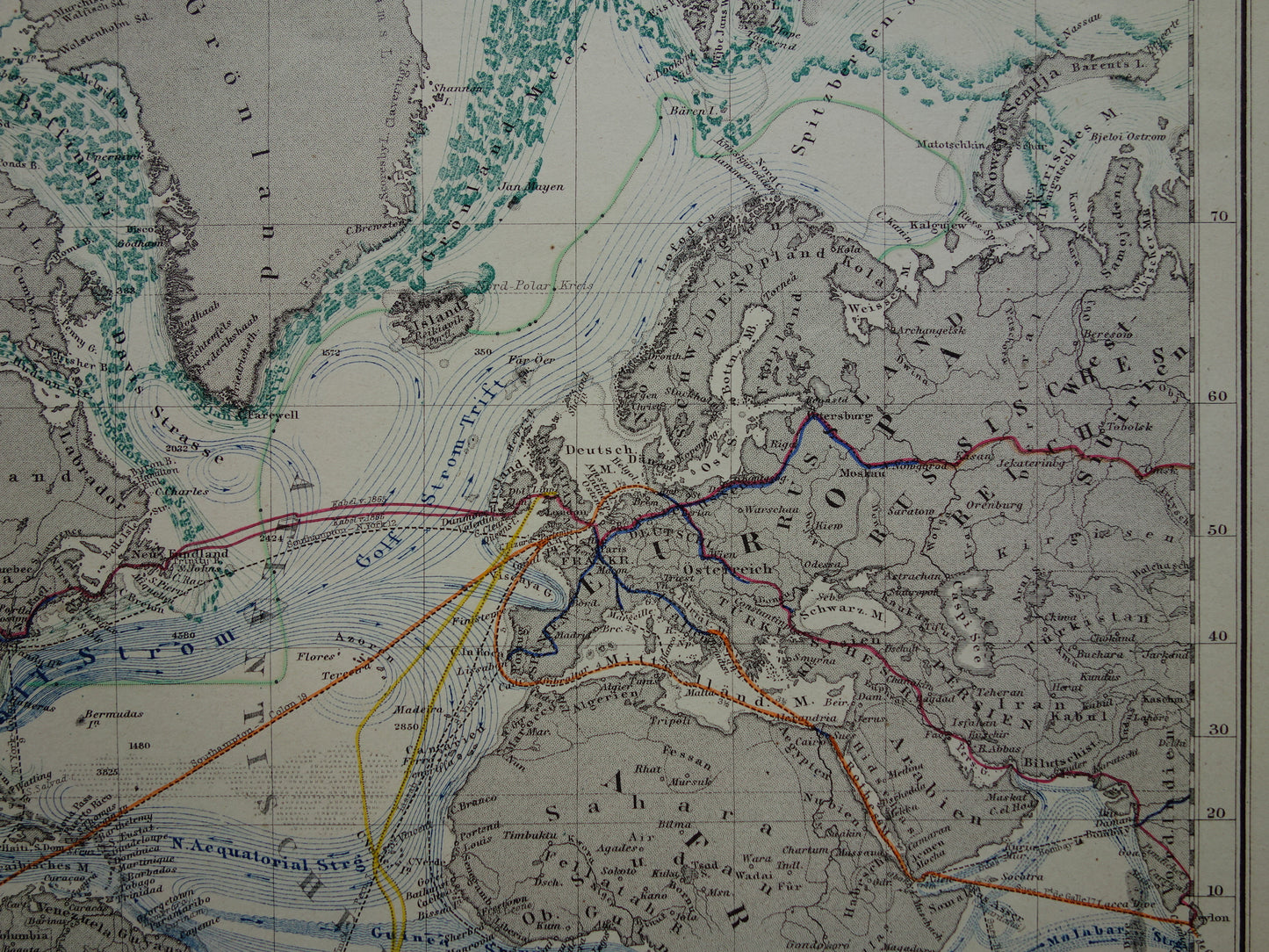 WERELDKAART oude kaart van de Wereld Zeestromingen en Transport 1867 originele antieke landkaart Zeestroom Oceaanstromingen Scheepvaartlijnen met datum