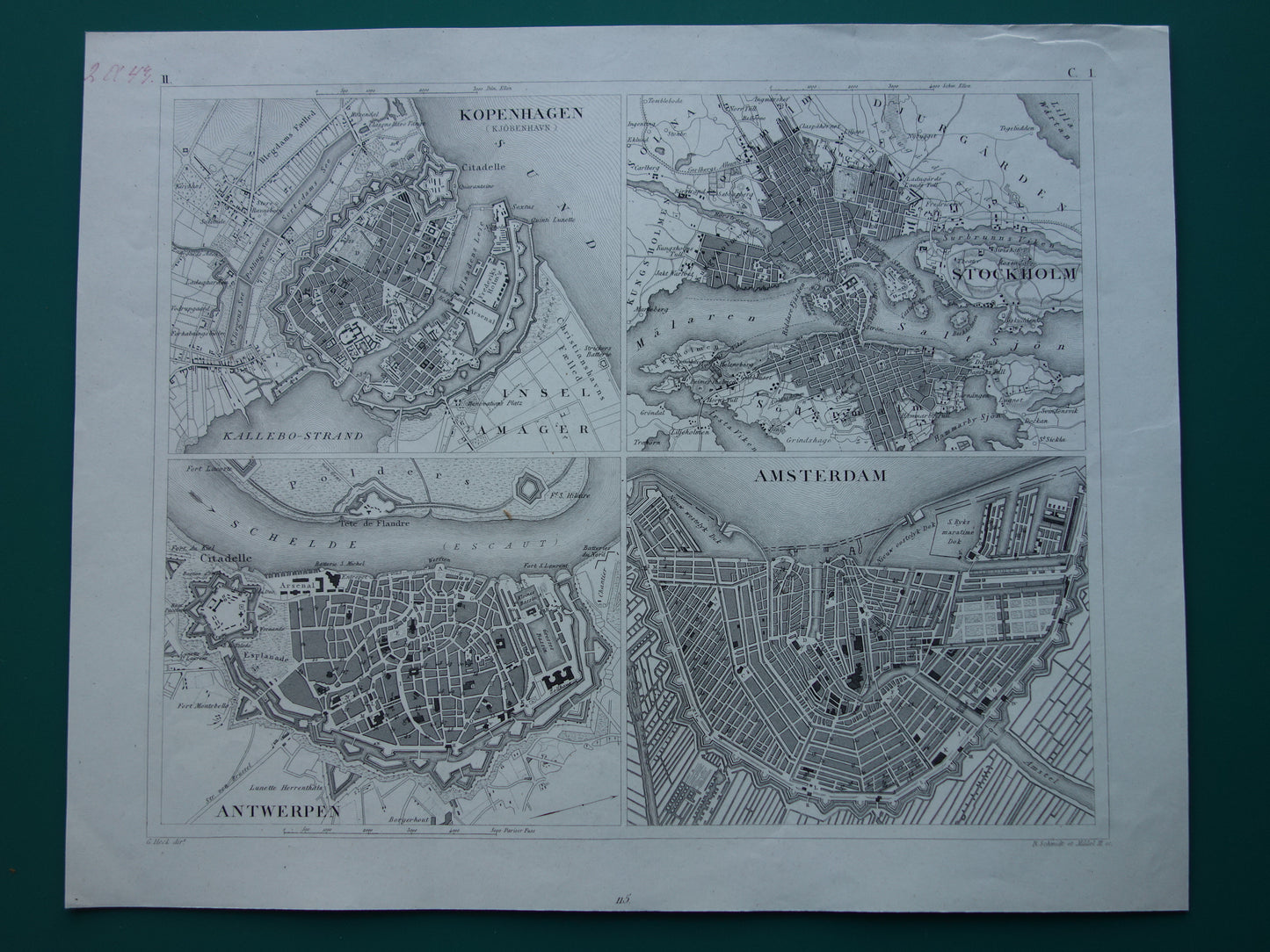 Amsterdam Antwerpen Stockholm Kopenhagen antieke plattegrond 170+ jaar oude kaart met plattegronden van Europese steden uit 1849 - originele vintage historische kaarten