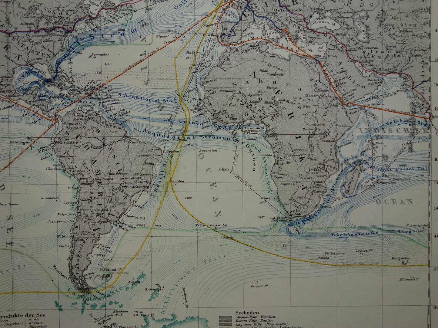 WERELDKAART oude kaart van de Wereld Zeestromingen en Transport 1867 originele antieke landkaart Zeestroom Oceaanstromingen Scheepvaartlijnen met datum