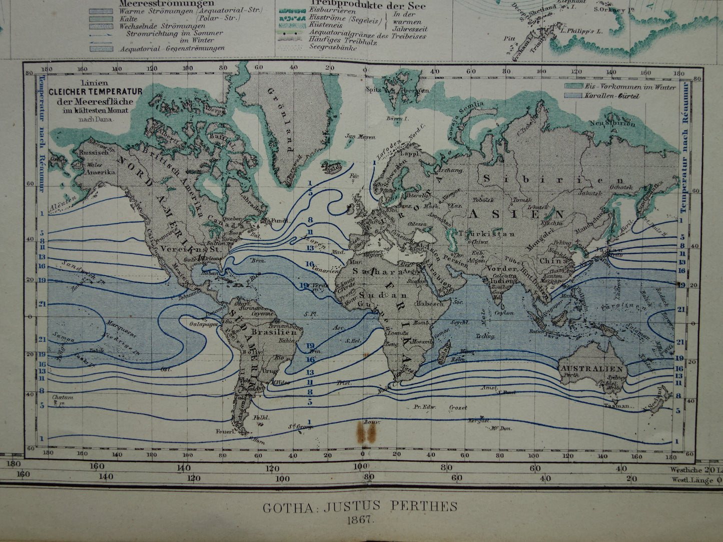 WERELDKAART oude kaart van de Wereld Zeestromingen en Transport 1867 originele antieke landkaart Zeestroom Oceaanstromingen Scheepvaartlijnen met datum