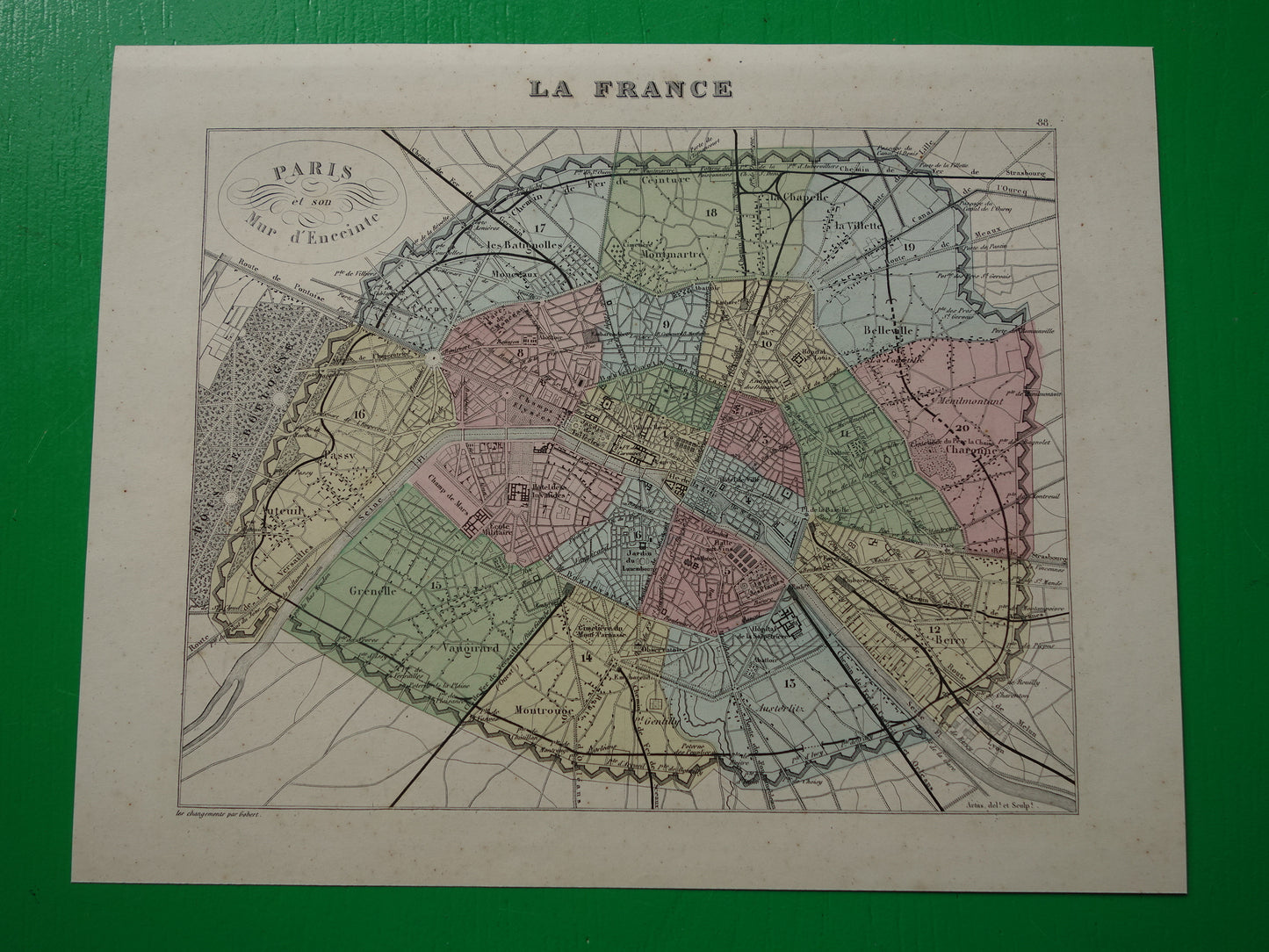 Oude kaart van Parijs uit 1870 Originele antieke plattegrond van Parijs