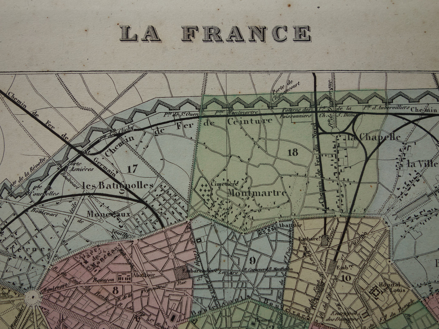 Oude kaart van Parijs uit 1870 Originele antieke plattegrond van Parijs