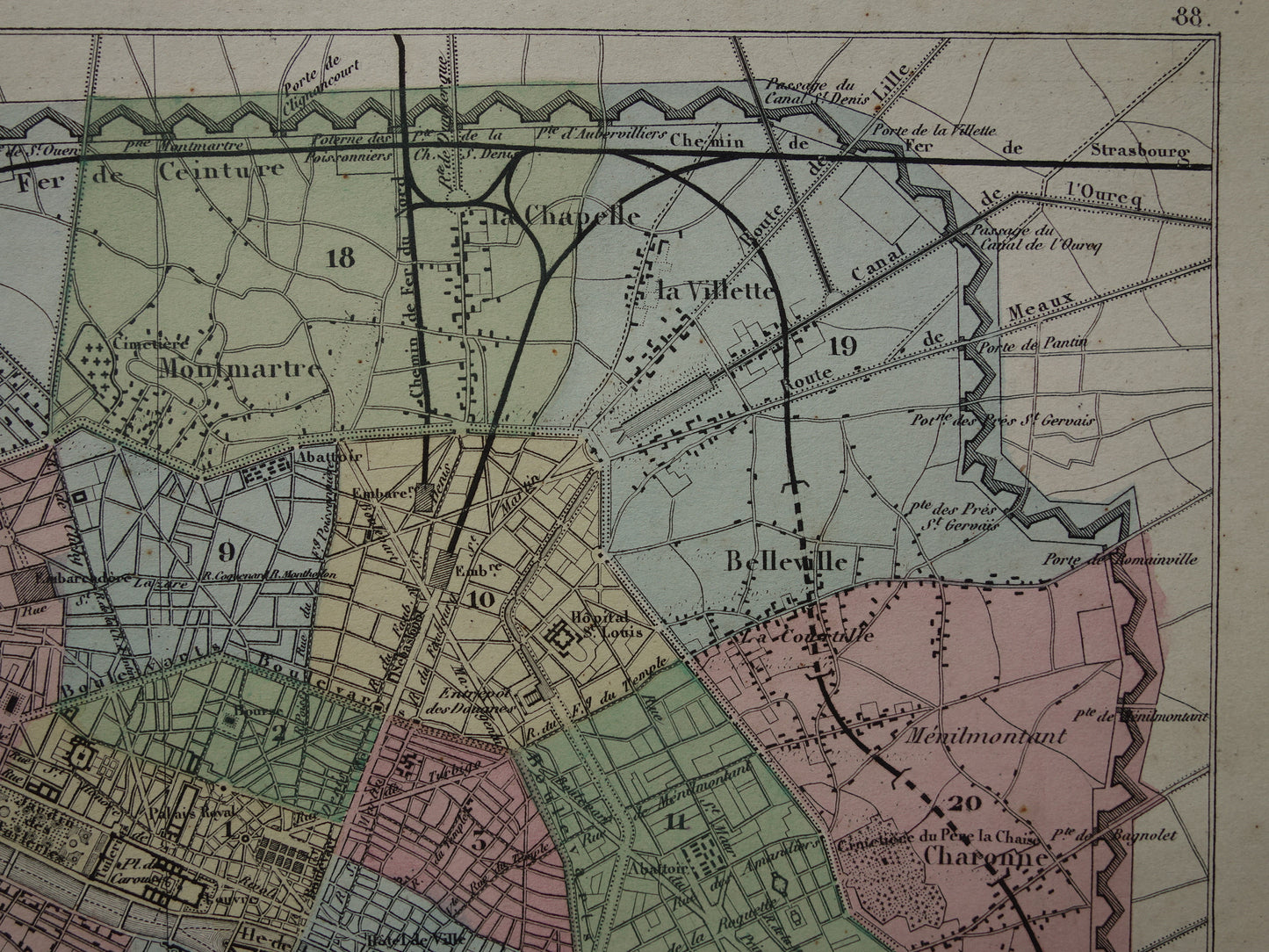 Oude kaart van Parijs uit 1870 Originele antieke plattegrond van Parijs