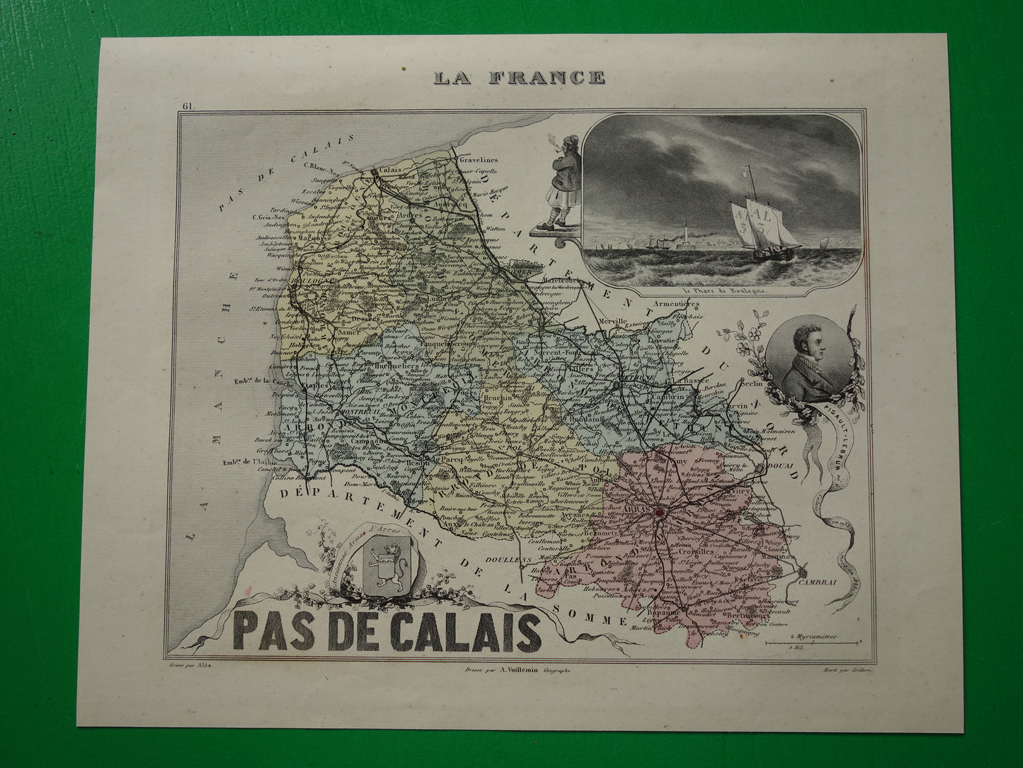 Oude kaart van Pas-de-Calais departement in Frankrijk uit 1870 originele vintage handgekleurde landkaart Arras