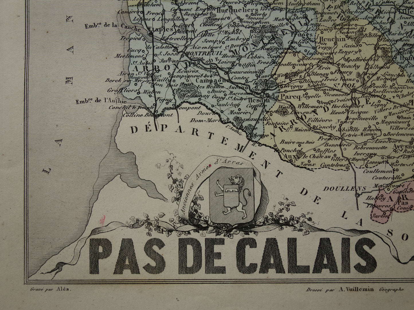 Oude kaart van Pas-de-Calais departement in Frankrijk uit 1870 originele vintage handgekleurde landkaart Arras