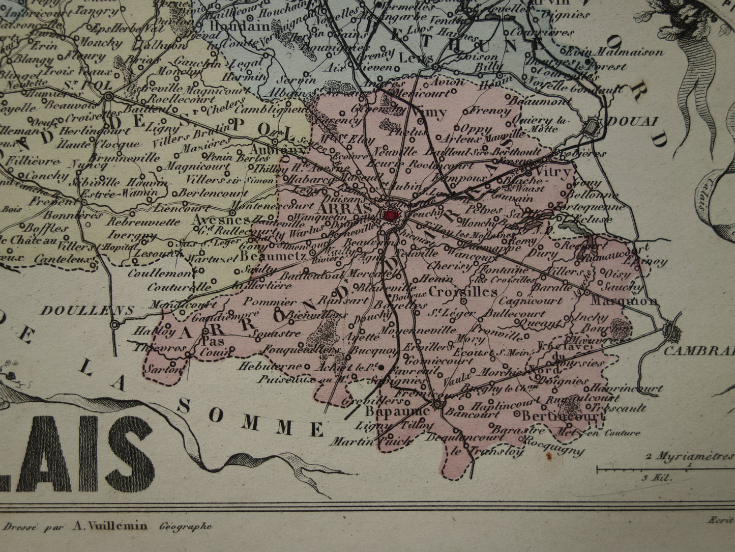 Oude kaart van Pas-de-Calais departement in Frankrijk uit 1870 originele vintage handgekleurde landkaart Arras