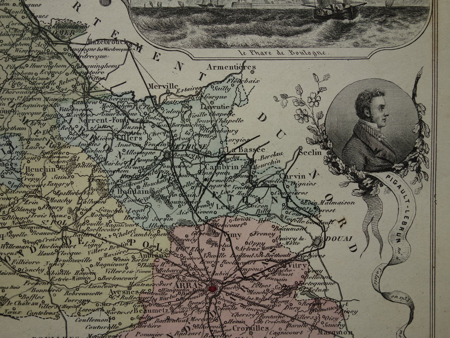 Oude kaart van Pas-de-Calais departement in Frankrijk uit 1870 originele vintage handgekleurde landkaart Arras