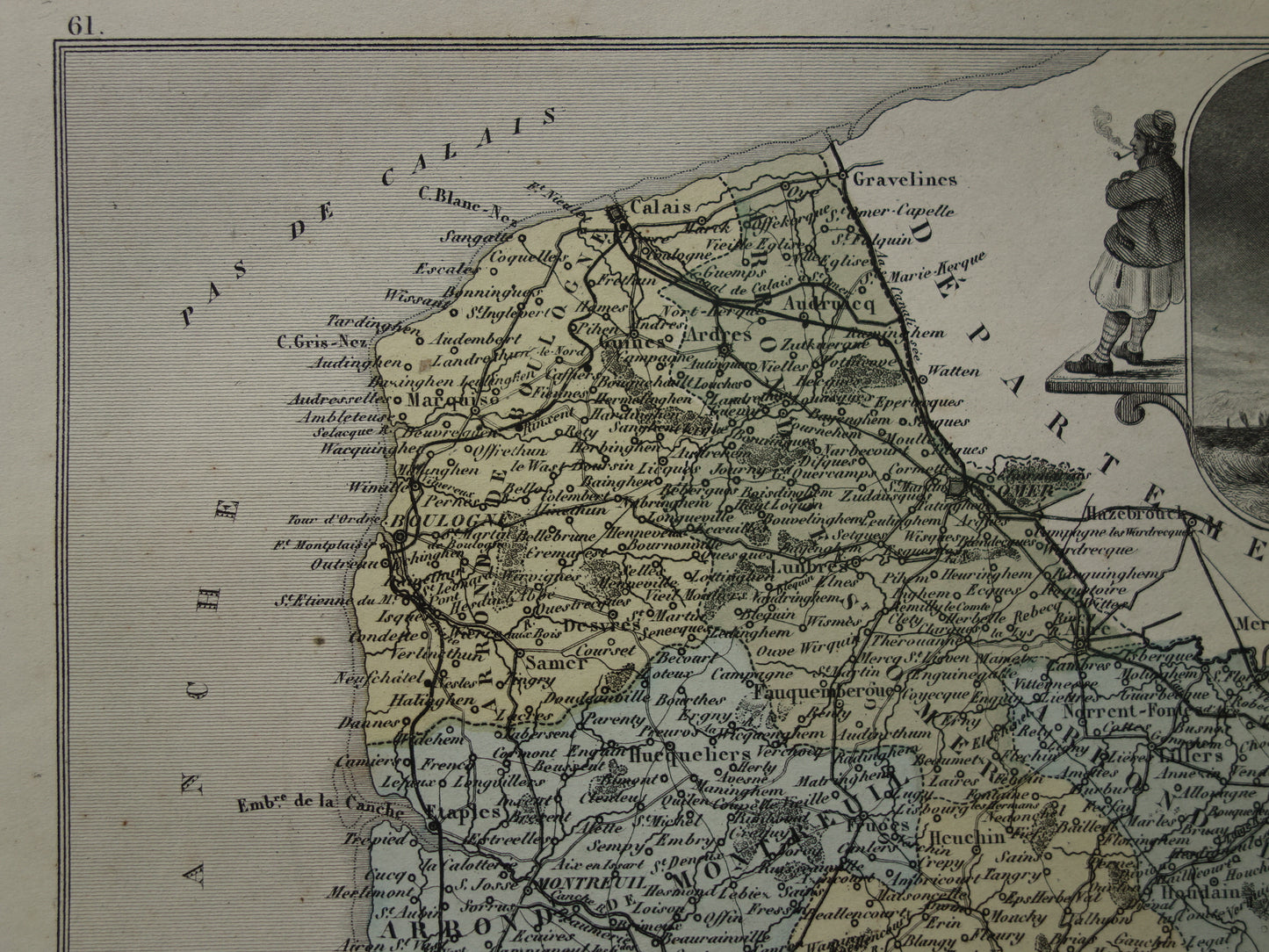 Oude kaart van Pas-de-Calais departement in Frankrijk uit 1870 originele vintage handgekleurde landkaart Arras