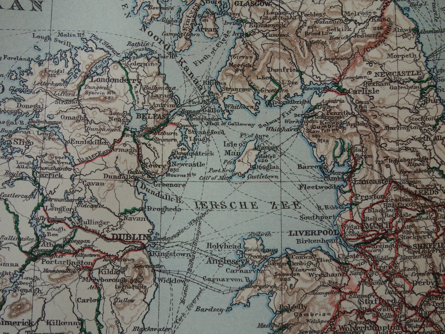 Oude kaart vaarroutes van Verenigd Koninkrijk en Ierland uit 1917 originele antieke Nederlandse landkaart waterwegen kanalen rivieren Groot-Britannië