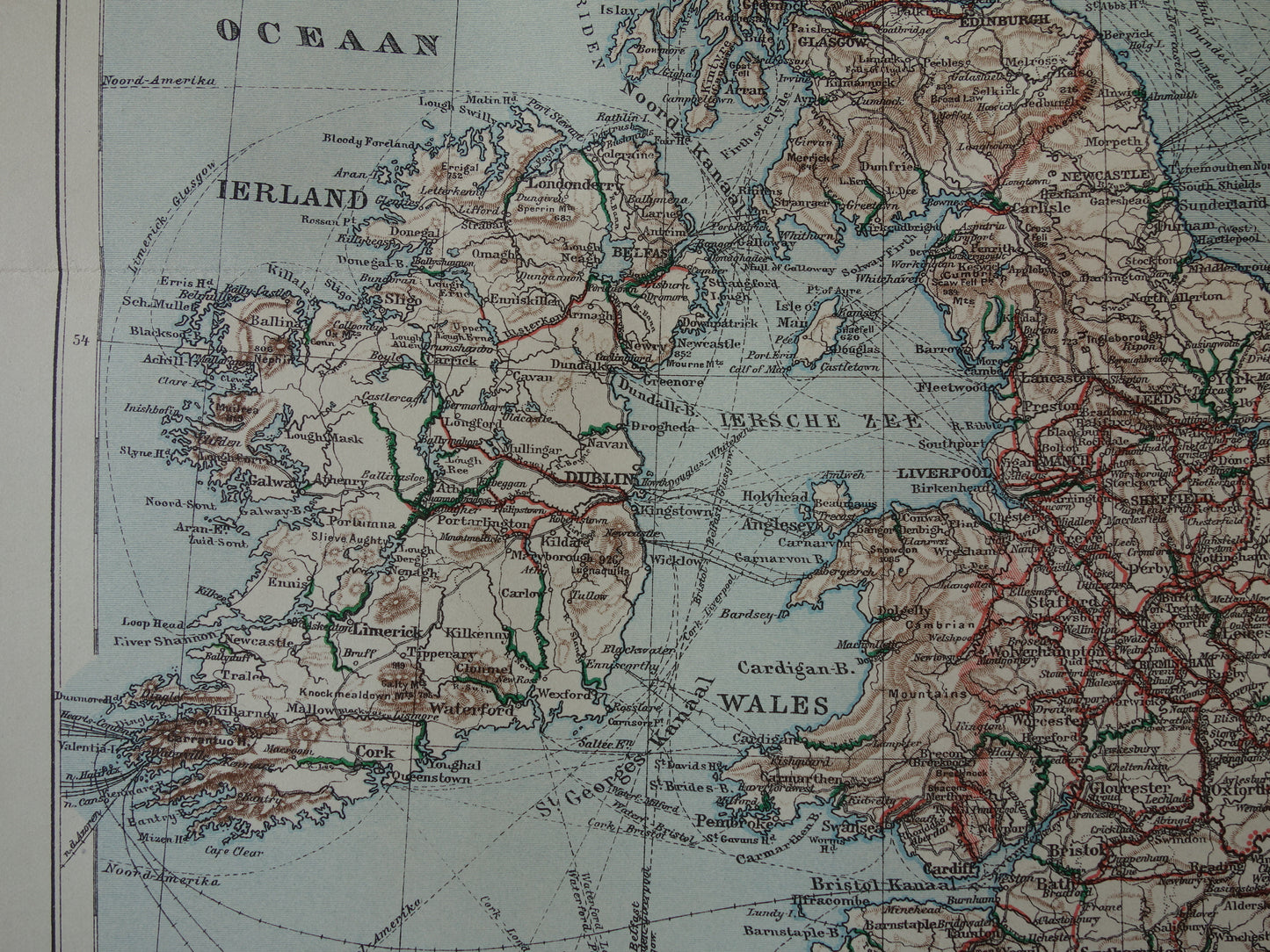 Oude kaart vaarroutes van Verenigd Koninkrijk en Ierland uit 1917 originele antieke Nederlandse landkaart waterwegen kanalen rivieren Groot-Britannië
