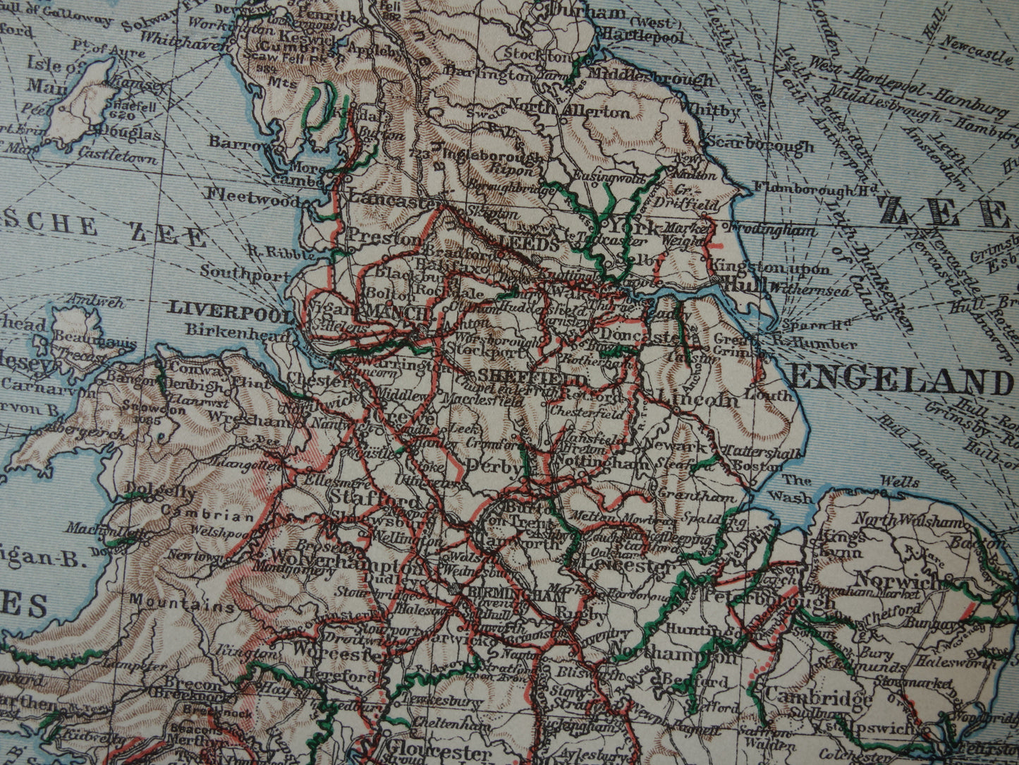 Oude kaart vaarroutes van Verenigd Koninkrijk en Ierland uit 1917 originele antieke Nederlandse landkaart waterwegen kanalen rivieren Groot-Britannië