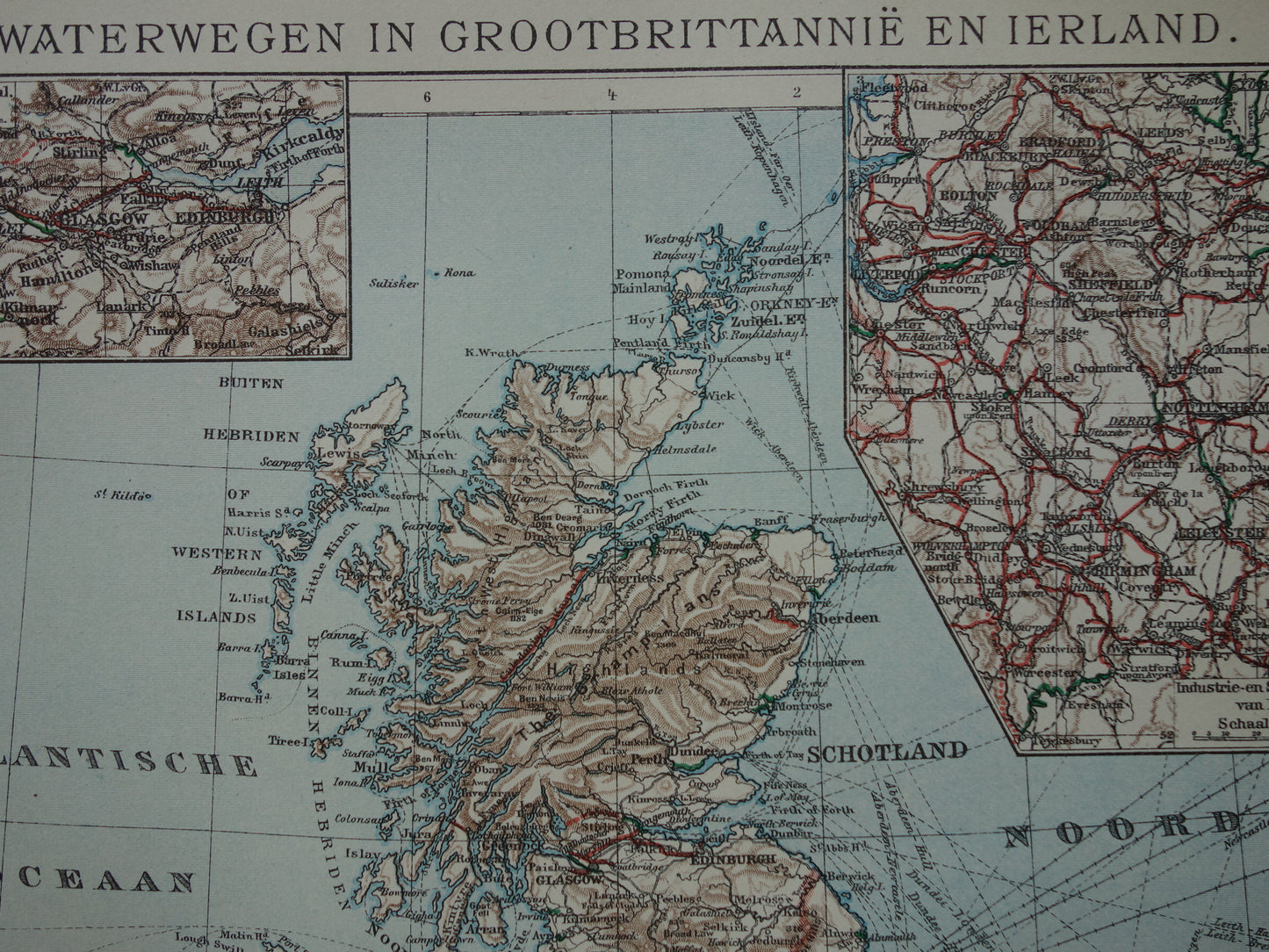 Oude kaart vaarroutes van Verenigd Koninkrijk en Ierland uit 1917 originele antieke Nederlandse landkaart waterwegen kanalen rivieren Groot-Britannië