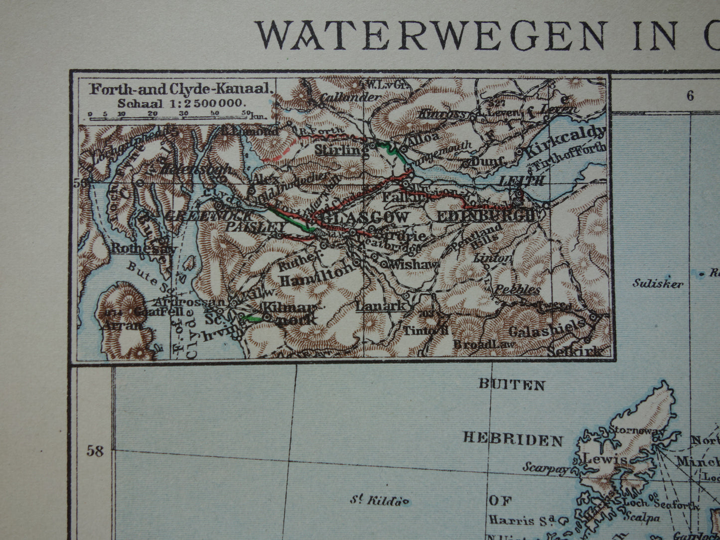 Oude kaart vaarroutes van Verenigd Koninkrijk en Ierland uit 1917 originele antieke Nederlandse landkaart waterwegen kanalen rivieren Groot-Britannië