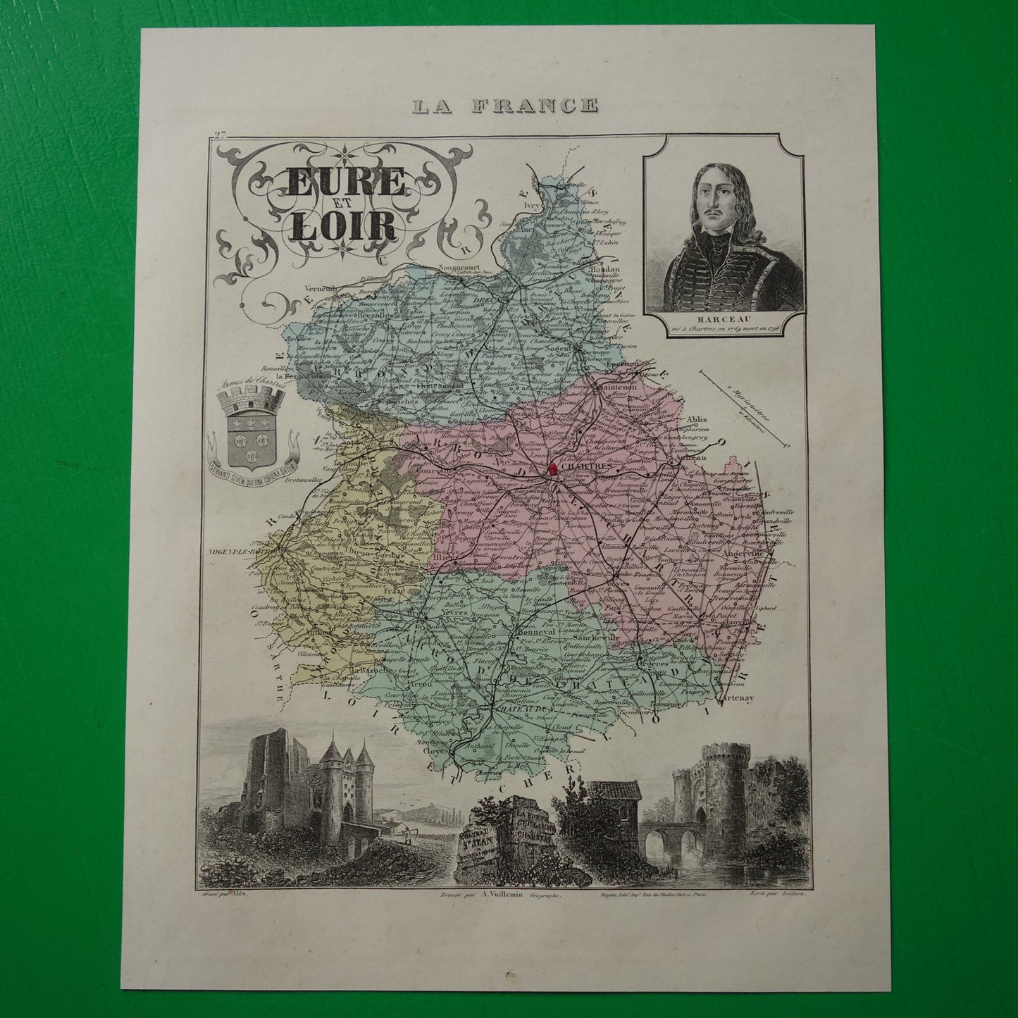 Eure et Loir departement Frankrijk oude kaart 1880 originele antieke landkaart Chartres Chateau Saint Jean Nogent-le-Rotrou historische kaarten