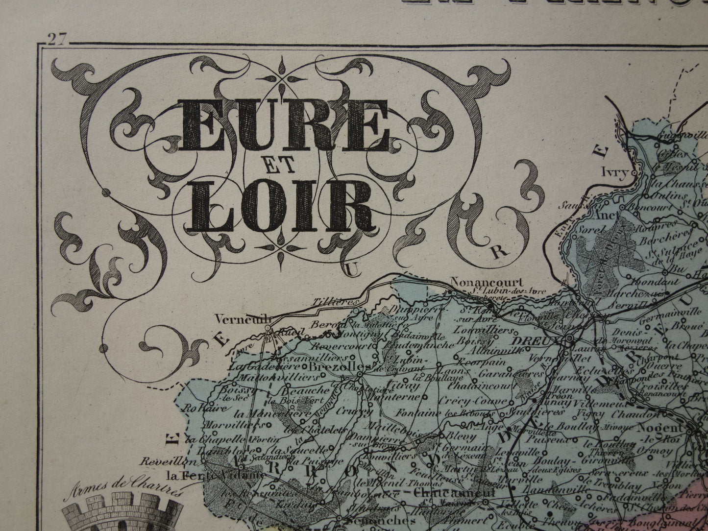 Eure et Loir departement Frankrijk oude kaart 1880 originele antieke landkaart Chartres Chateau Saint Jean Nogent-le-Rotrou historische kaarten