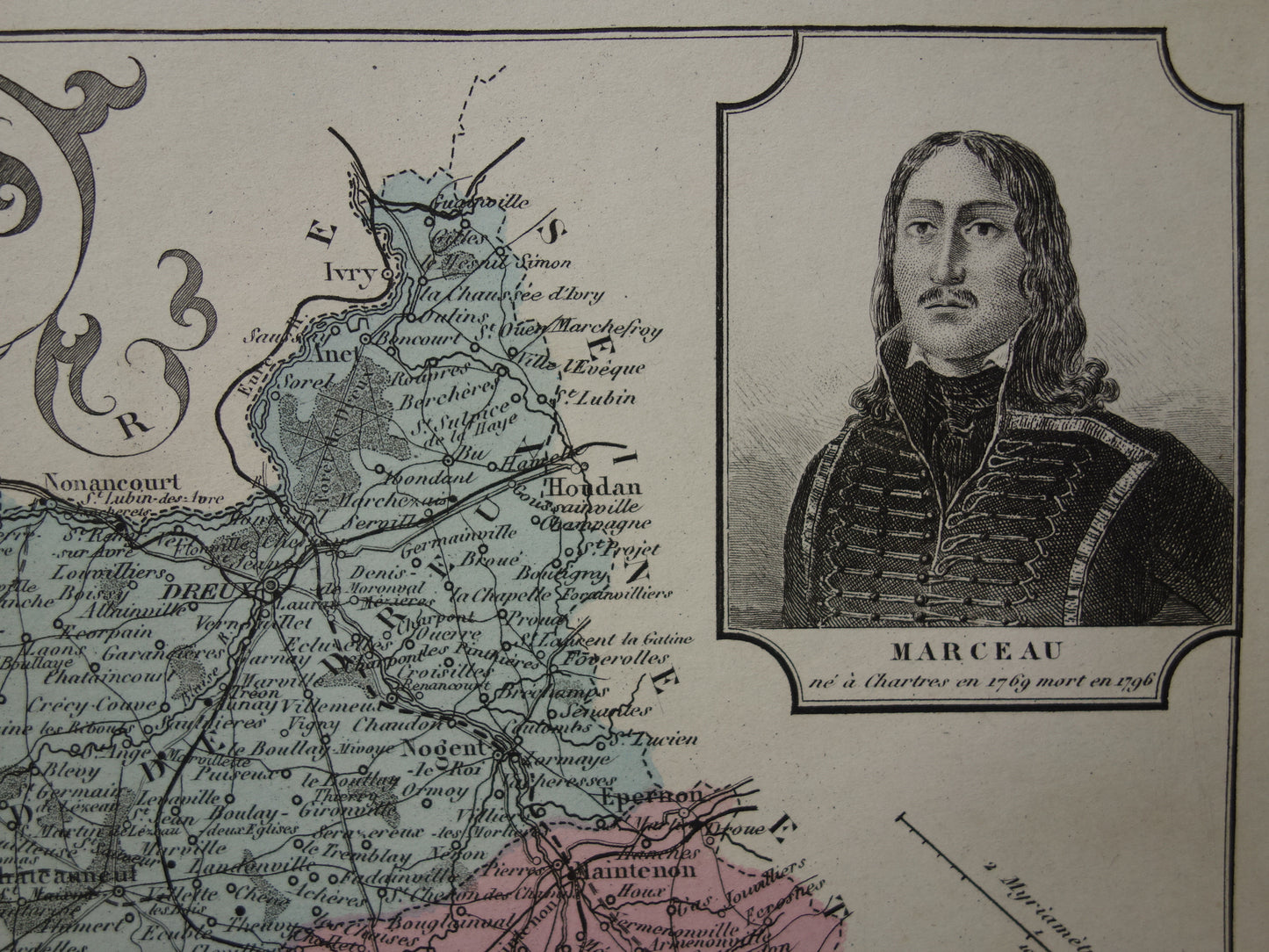 Eure et Loir departement Frankrijk oude kaart 1880 originele antieke landkaart Chartres Chateau Saint Jean Nogent-le-Rotrou historische kaarten
