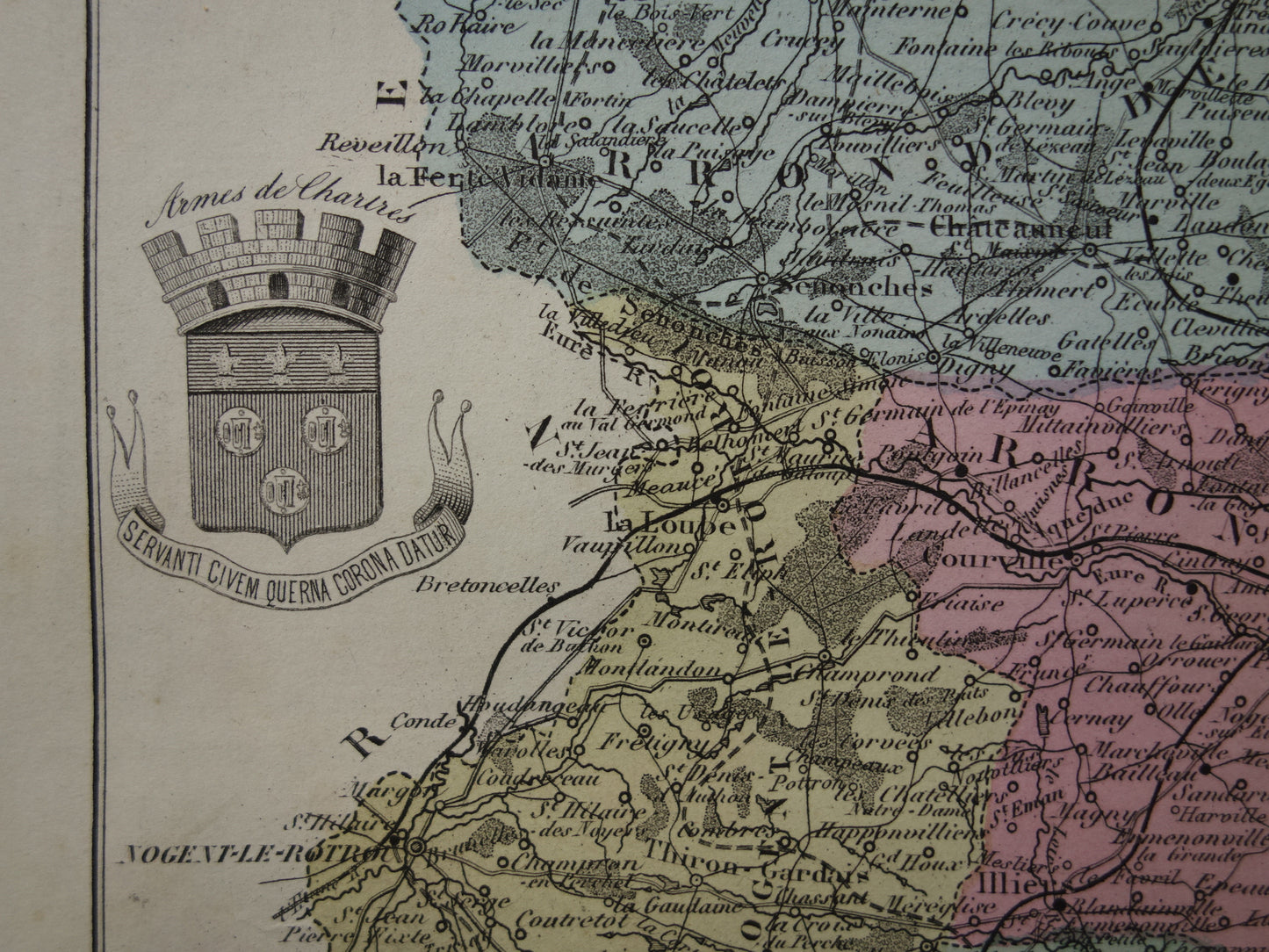 Eure et Loir departement Frankrijk oude kaart 1880 originele antieke landkaart Chartres Chateau Saint Jean Nogent-le-Rotrou historische kaarten