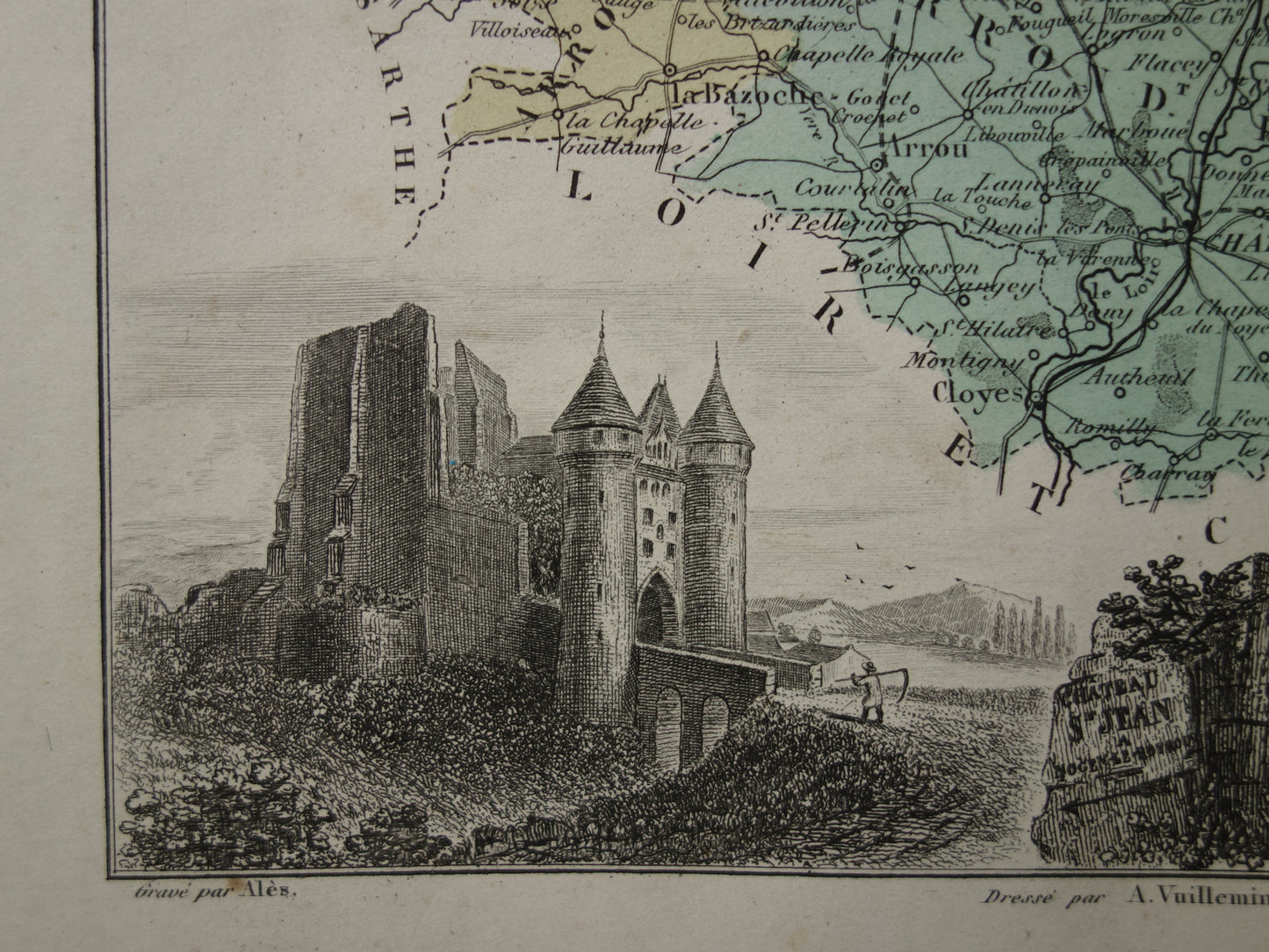 Eure et Loir departement Frankrijk oude kaart 1880 originele antieke landkaart Chartres Chateau Saint Jean Nogent-le-Rotrou historische kaarten