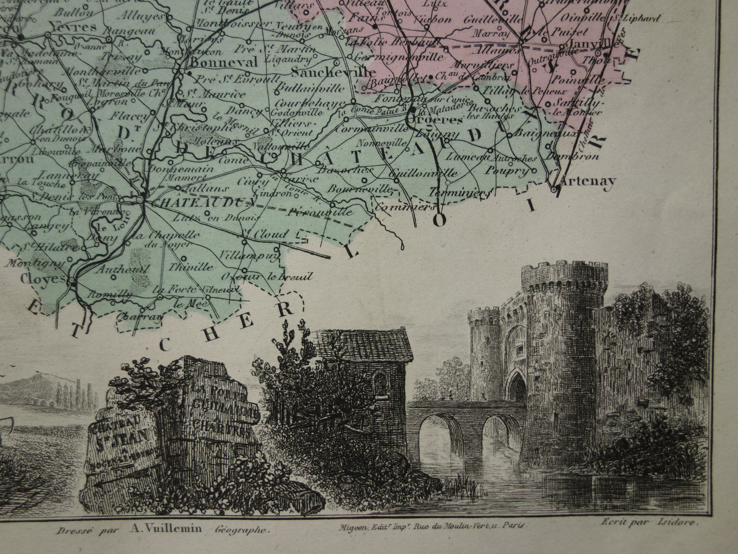Eure et Loir departement Frankrijk oude kaart 1880 originele antieke landkaart Chartres Chateau Saint Jean Nogent-le-Rotrou historische kaarten