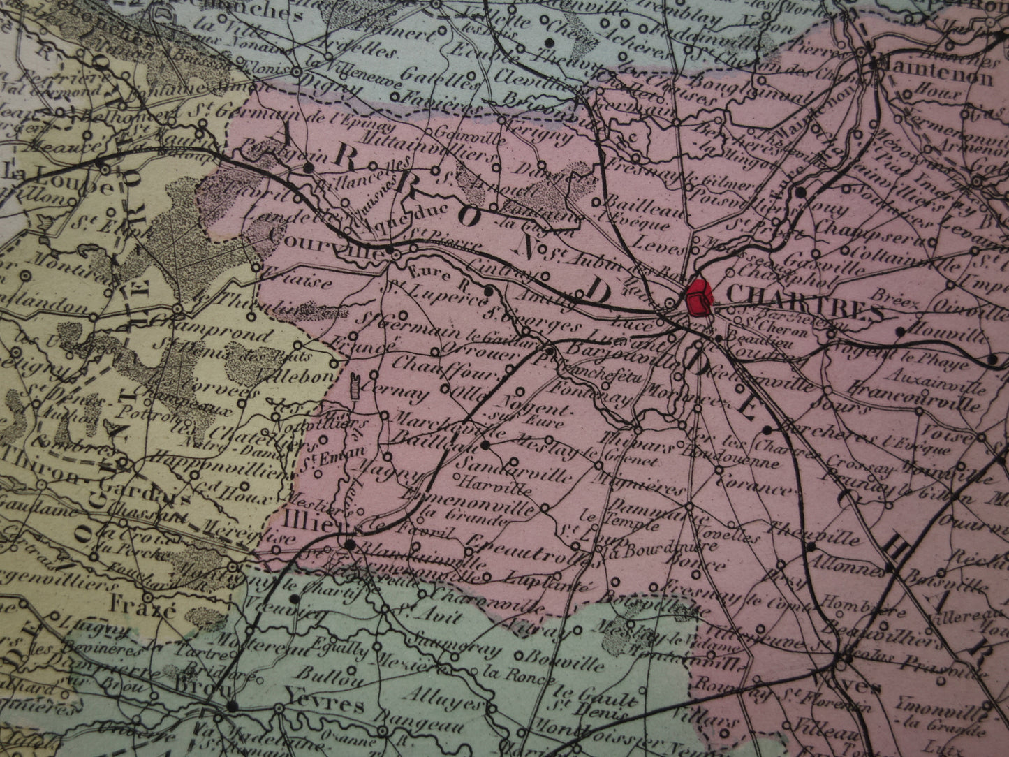 Eure et Loir departement Frankrijk oude kaart 1880 originele antieke landkaart Chartres Chateau Saint Jean Nogent-le-Rotrou historische kaarten
