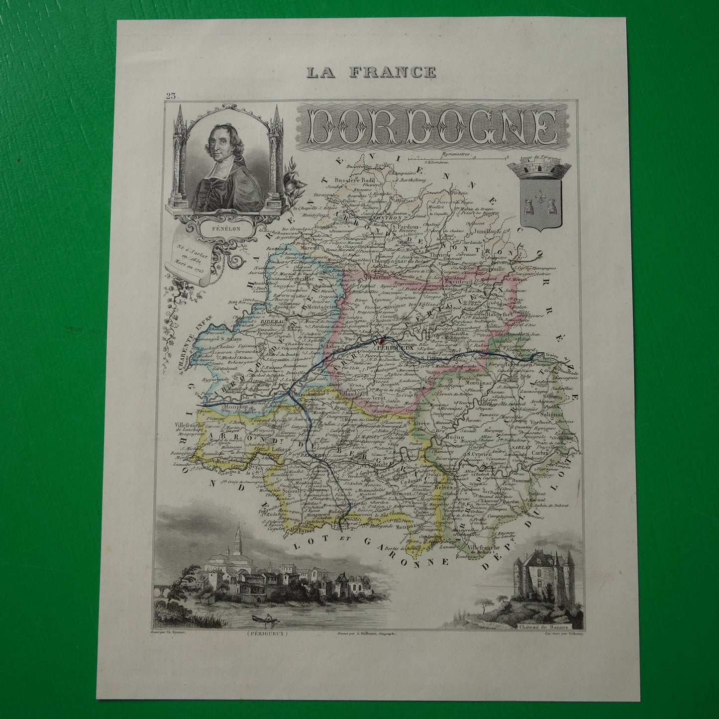 Oude kaart van Dordogne uit 1856 originele antieke landkaart Périgueux departement Frankrijk