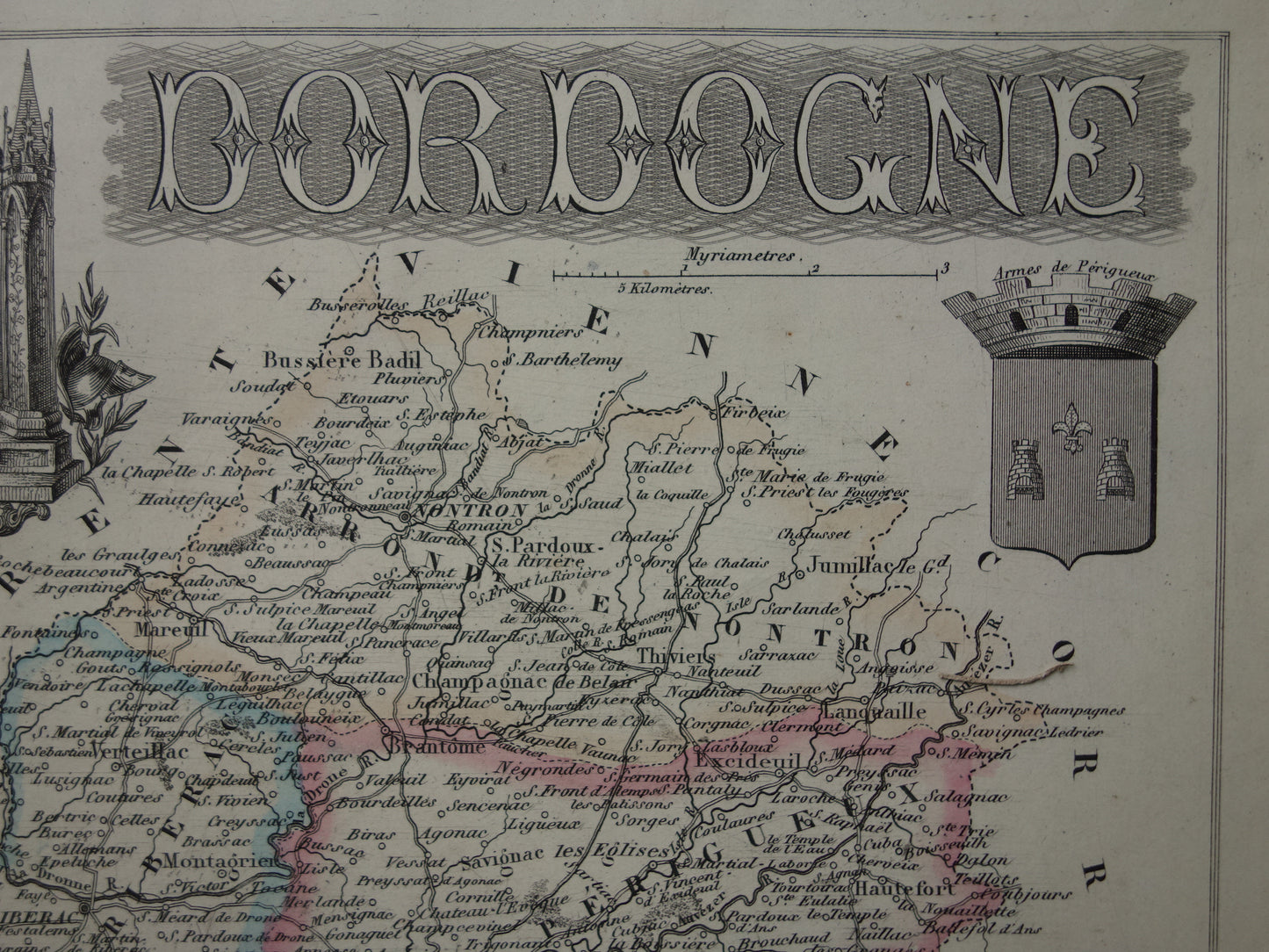 Oude kaart van Dordogne uit 1856 originele antieke landkaart Périgueux departement Frankrijk