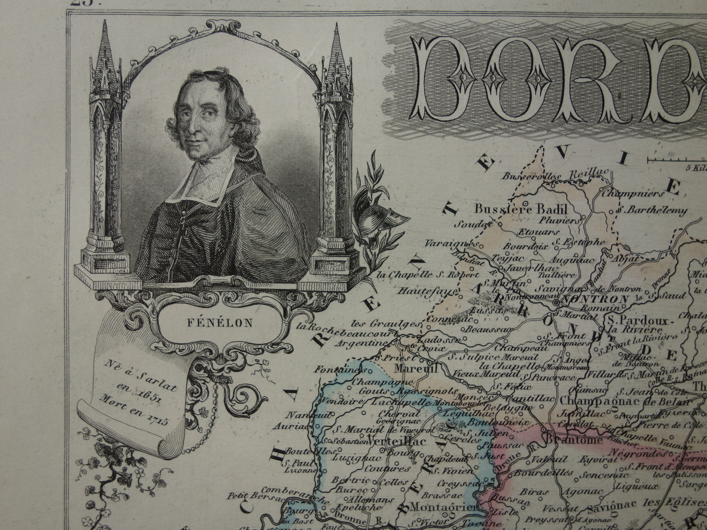 Oude kaart van Dordogne uit 1856 originele antieke landkaart Périgueux departement Frankrijk