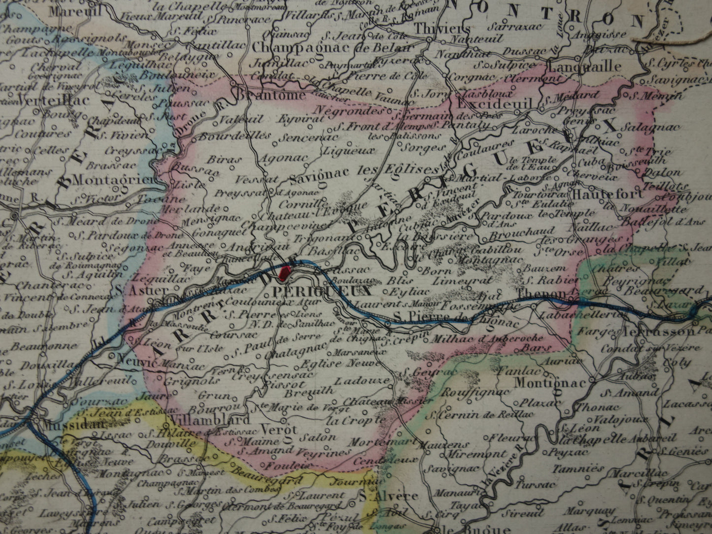 Oude kaart van Dordogne uit 1856 originele antieke landkaart Périgueux departement Frankrijk