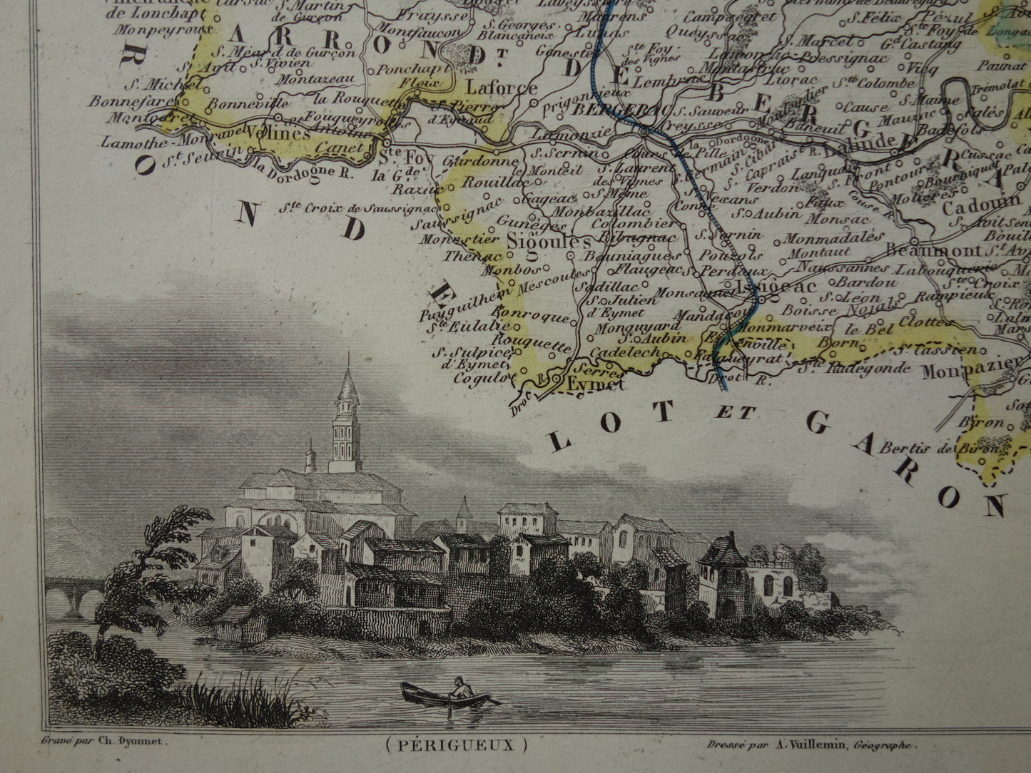 Oude kaart van Dordogne uit 1856 originele antieke landkaart Périgueux departement Frankrijk