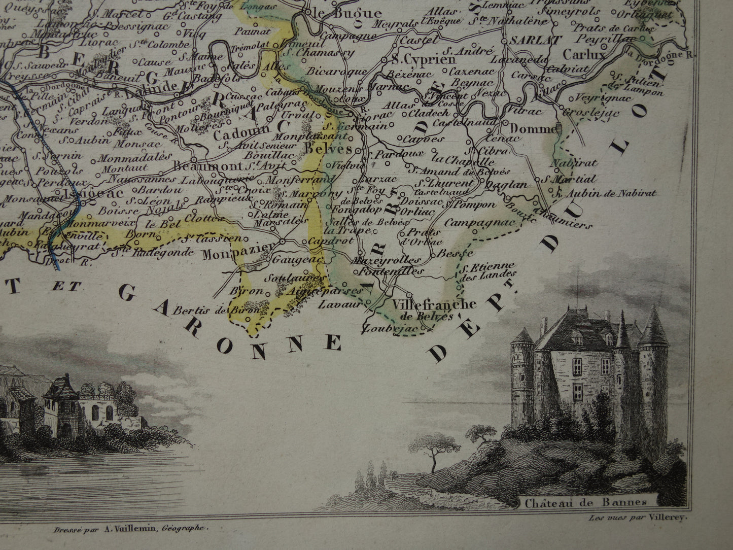 Oude kaart van Dordogne uit 1856 originele antieke landkaart Périgueux departement Frankrijk