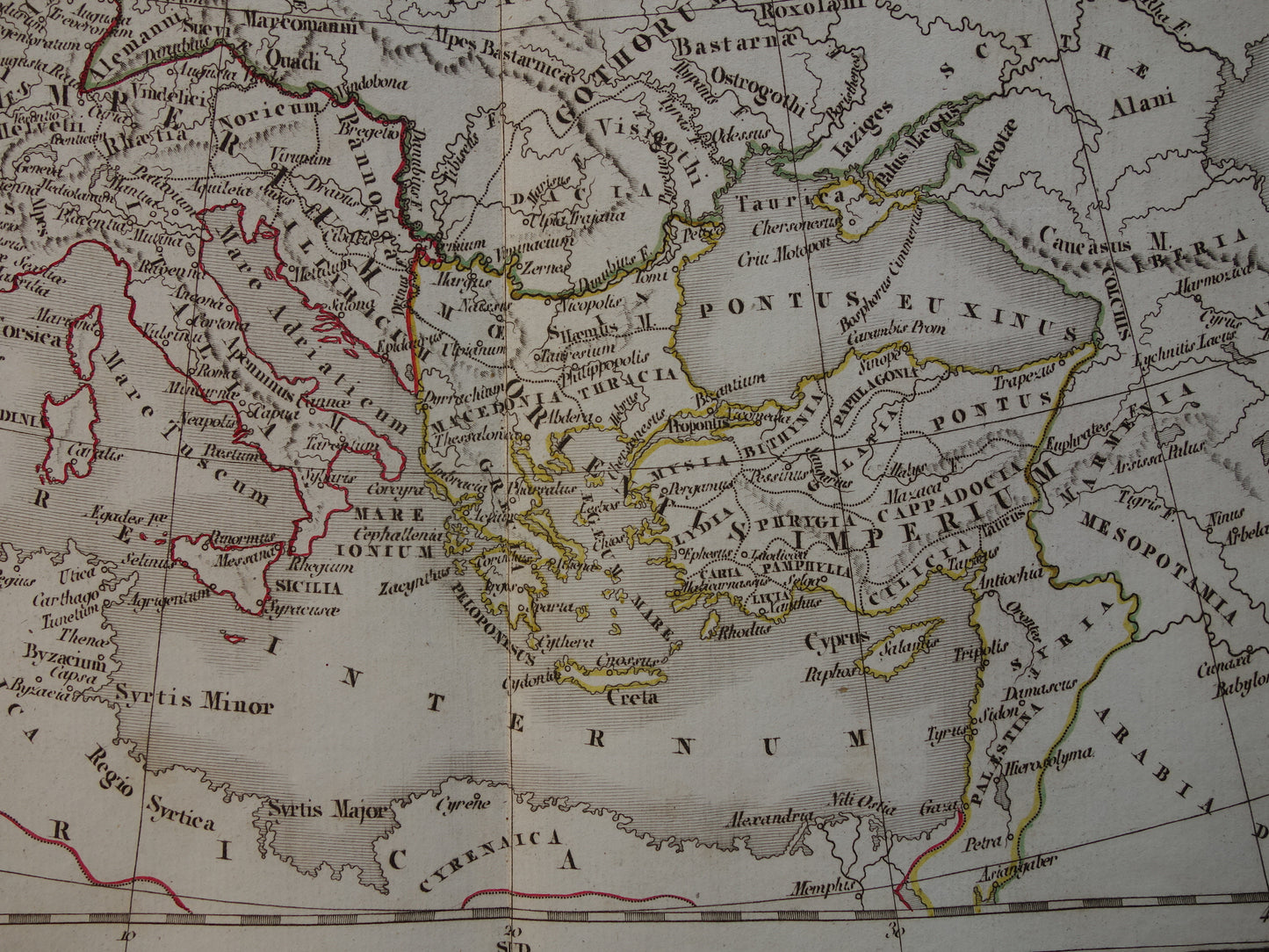 Romeinse Rijk Oude kaart EUROPA rond jaar 395 Antieke landkaart van continent eind 4e eeuw originele vintage historische kaarten