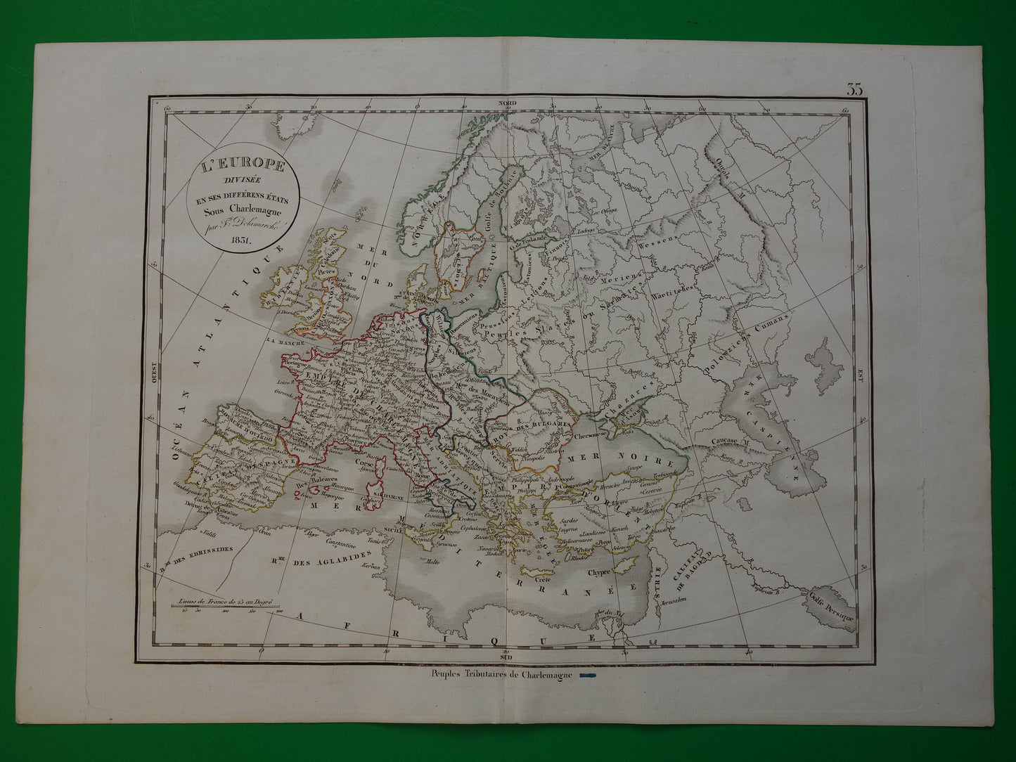 Oude kaart EUROPA tijdens Karel de Grote Antieke landkaart van continent begin 9e eeuw originele vintage historische kaarten Rijk Carolus Magnus