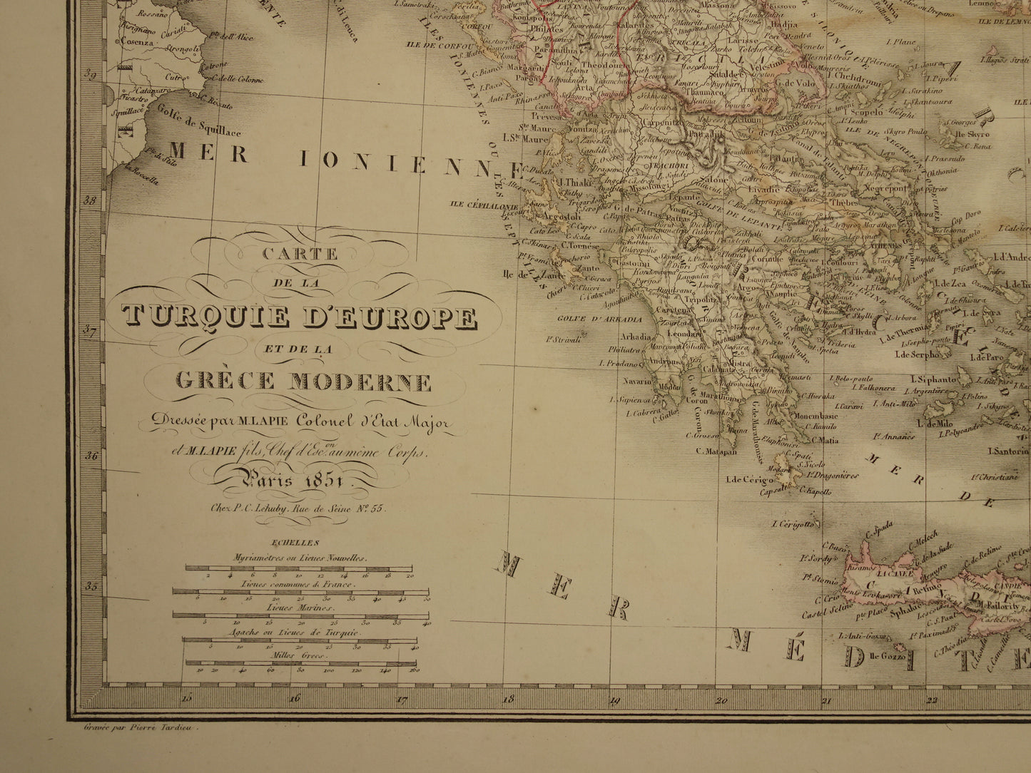 Oude kaart Griekenland en Turkse Rijk in de Balkan in 1851 - Antieke Franse kaart Turkije Servië Roemenië - handgekleurde vintage landkaarten
