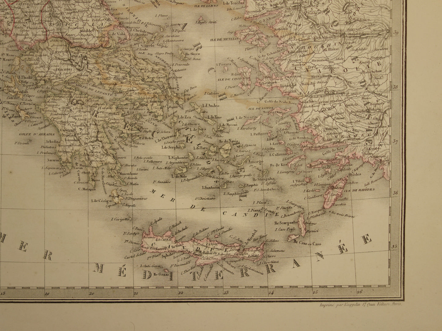 Oude kaart Griekenland en Turkse Rijk in de Balkan in 1851 - Antieke Franse kaart Turkije Servië Roemenië - handgekleurde vintage landkaarten