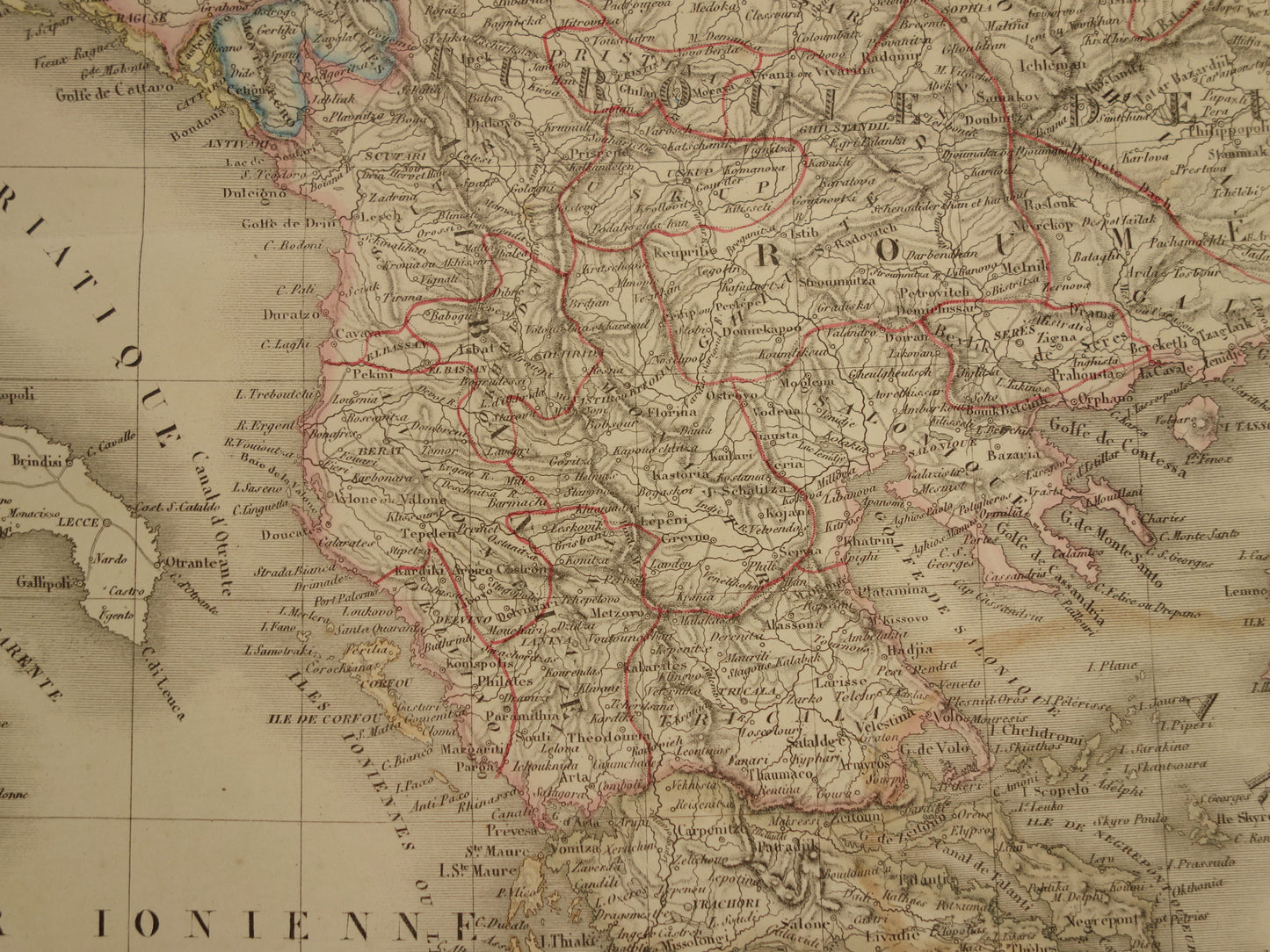 Oude kaart Griekenland en Turkse Rijk in de Balkan in 1851 - Antieke Franse kaart Turkije Servië Roemenië - handgekleurde vintage landkaarten