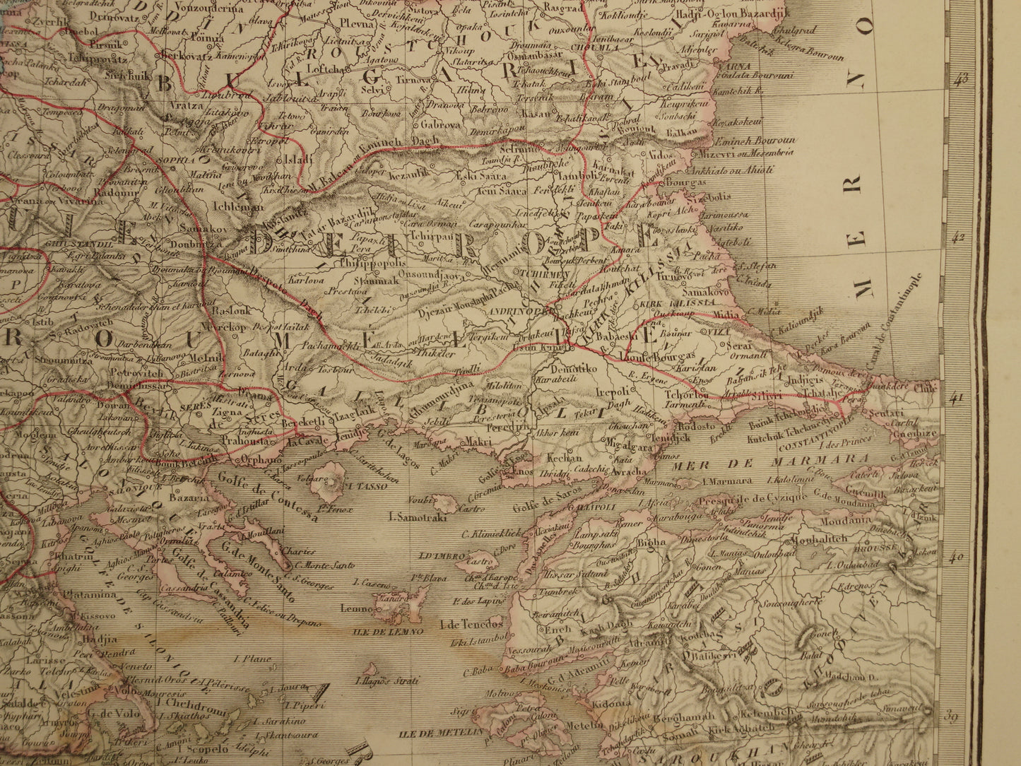 Oude kaart Griekenland en Turkse Rijk in de Balkan in 1851 - Antieke Franse kaart Turkije Servië Roemenië - handgekleurde vintage landkaarten