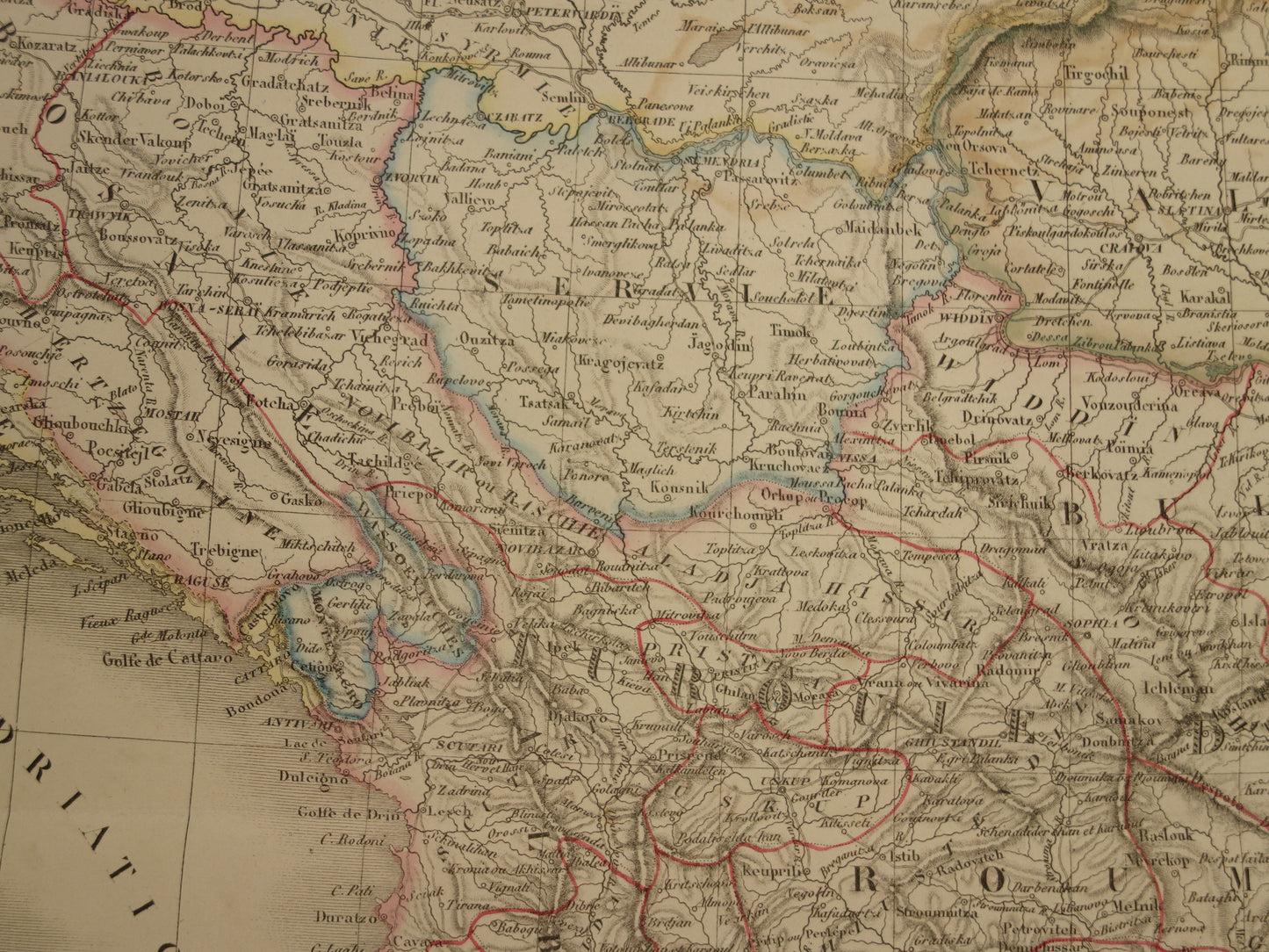 Oude kaart Griekenland en Turkse Rijk in de Balkan in 1851 - Antieke Franse kaart Turkije Servië Roemenië - handgekleurde vintage landkaarten