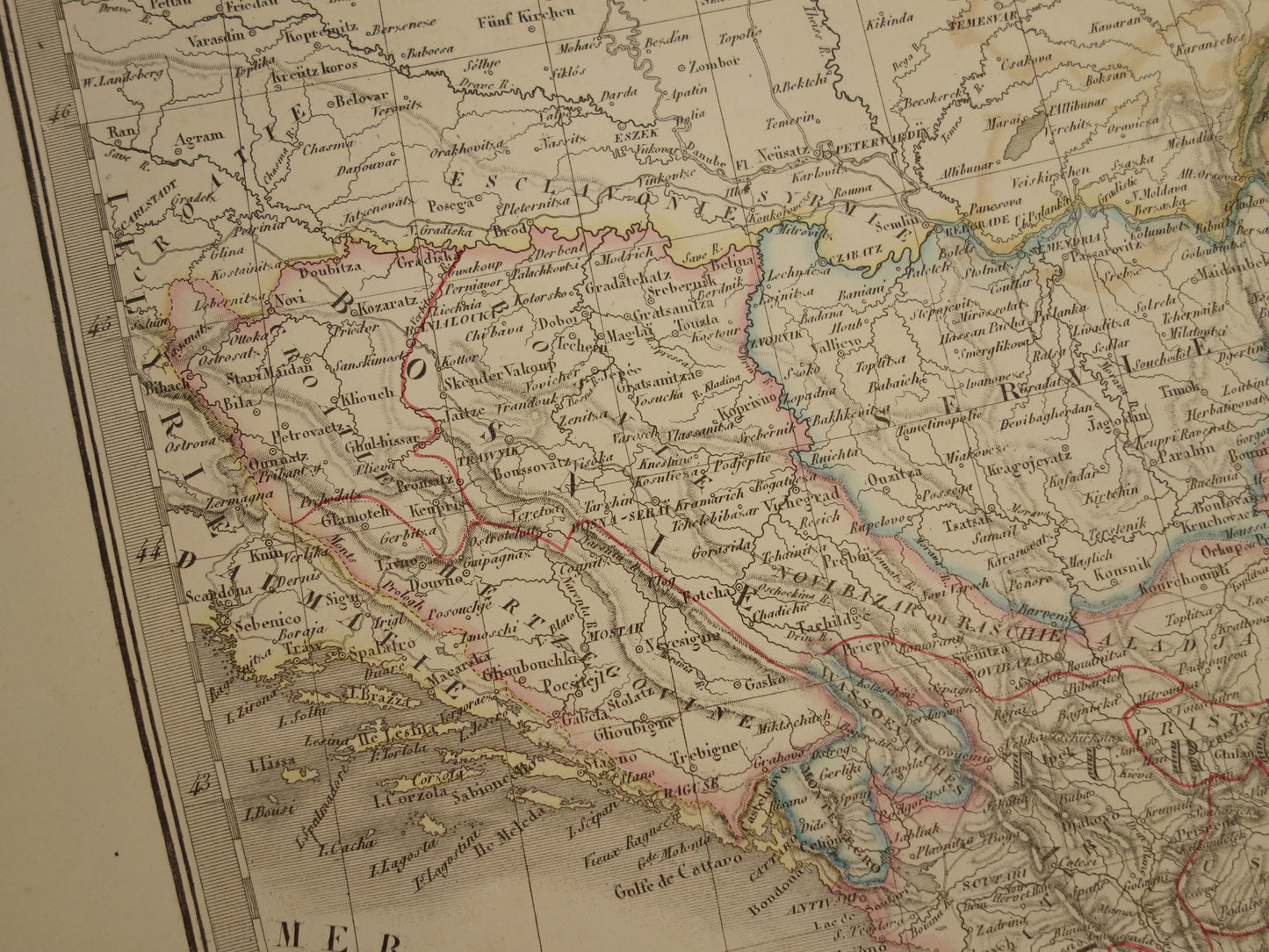 Oude kaart Griekenland en Turkse Rijk in de Balkan in 1851 - Antieke Franse kaart Turkije Servië Roemenië - handgekleurde vintage landkaarten