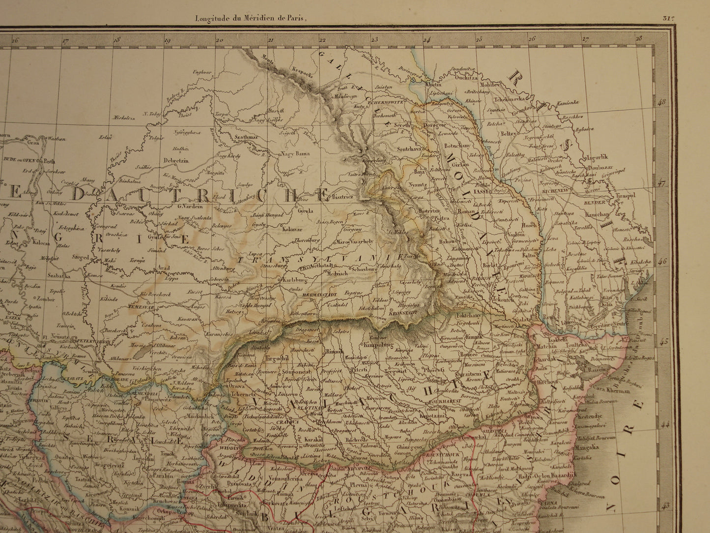 Oude kaart Griekenland en Turkse Rijk in de Balkan in 1851 - Antieke Franse kaart Turkije Servië Roemenië - handgekleurde vintage landkaarten