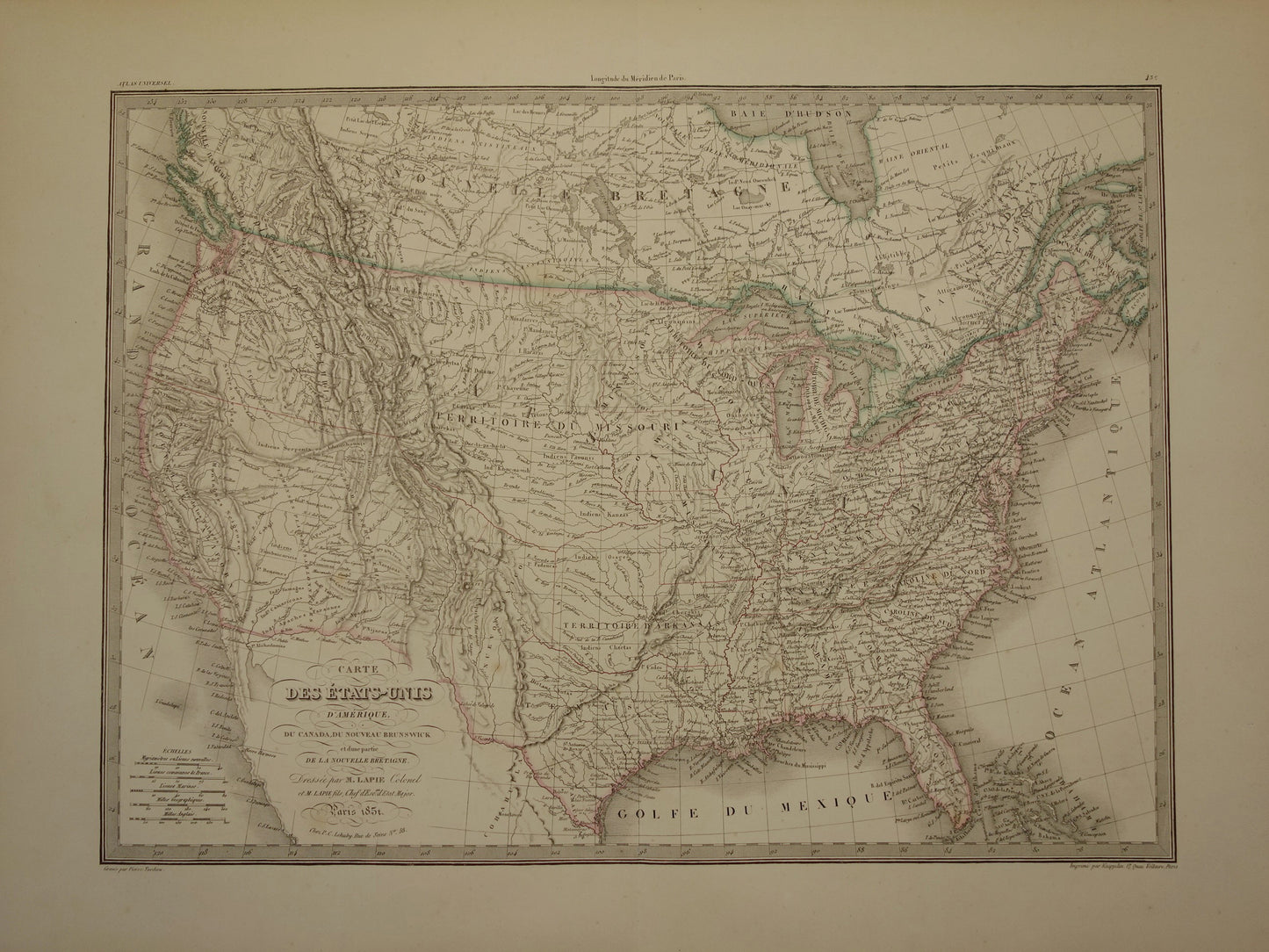Verenigde Staten van Amerika antieke landkaart uit 1851 - Originele oude Franse kaart van de VS